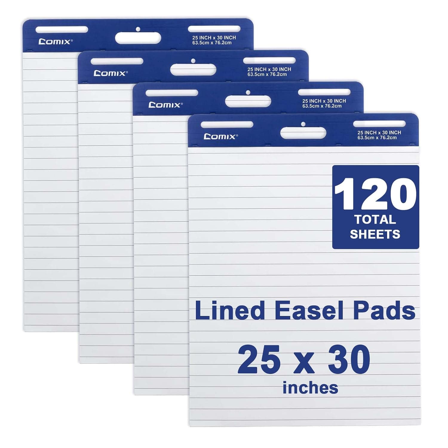 Comix Lined Sticky Easel Pad, 25 x 30 Inches Flip Chart Paper for Teachers, Large Self Stick Easel Paper, 30 Sheets/Pad, 4 Pads/Pack