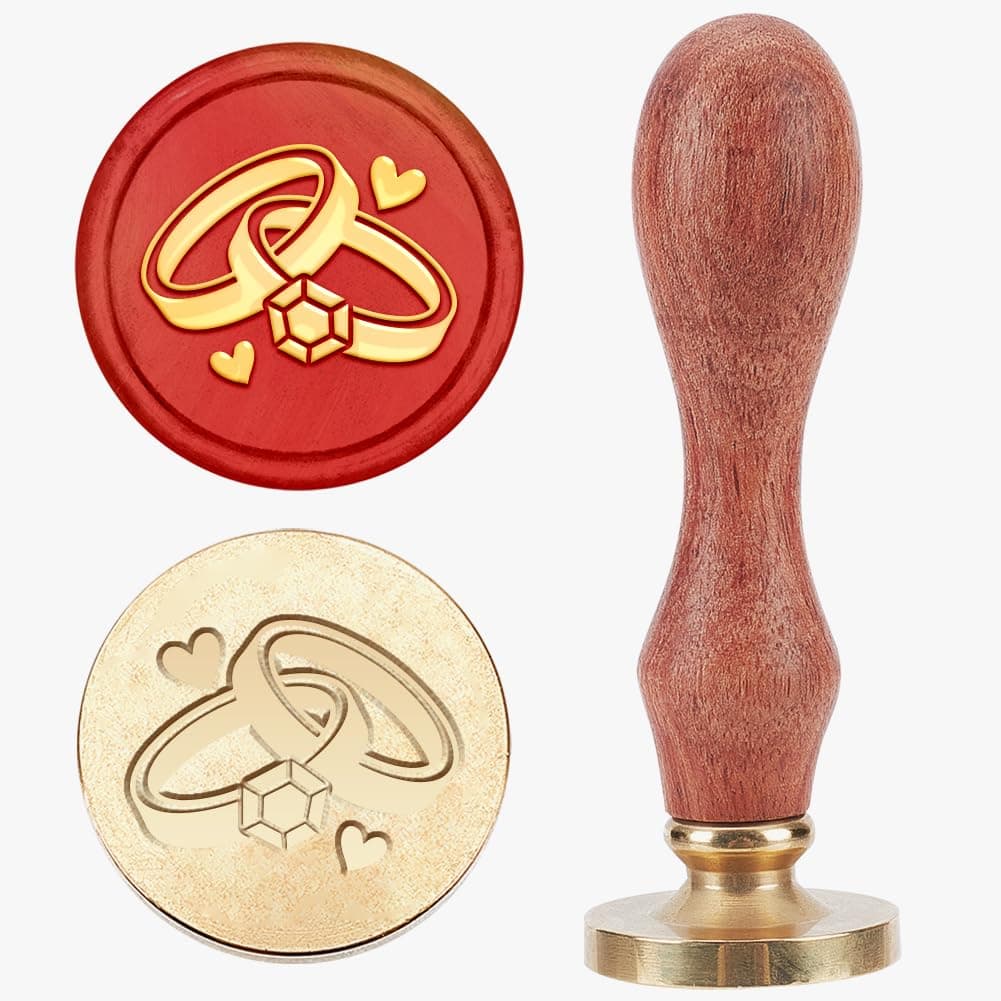 MAYJOYDIY Wedding Rings Wax Seal Stamp Vintage Heart Rings Sealing Wax Stamp 25mm Removable Brass Stamp Head with Wood Handle for Wedding Invitation Card Envelopes Gift Wrapping Wine Package