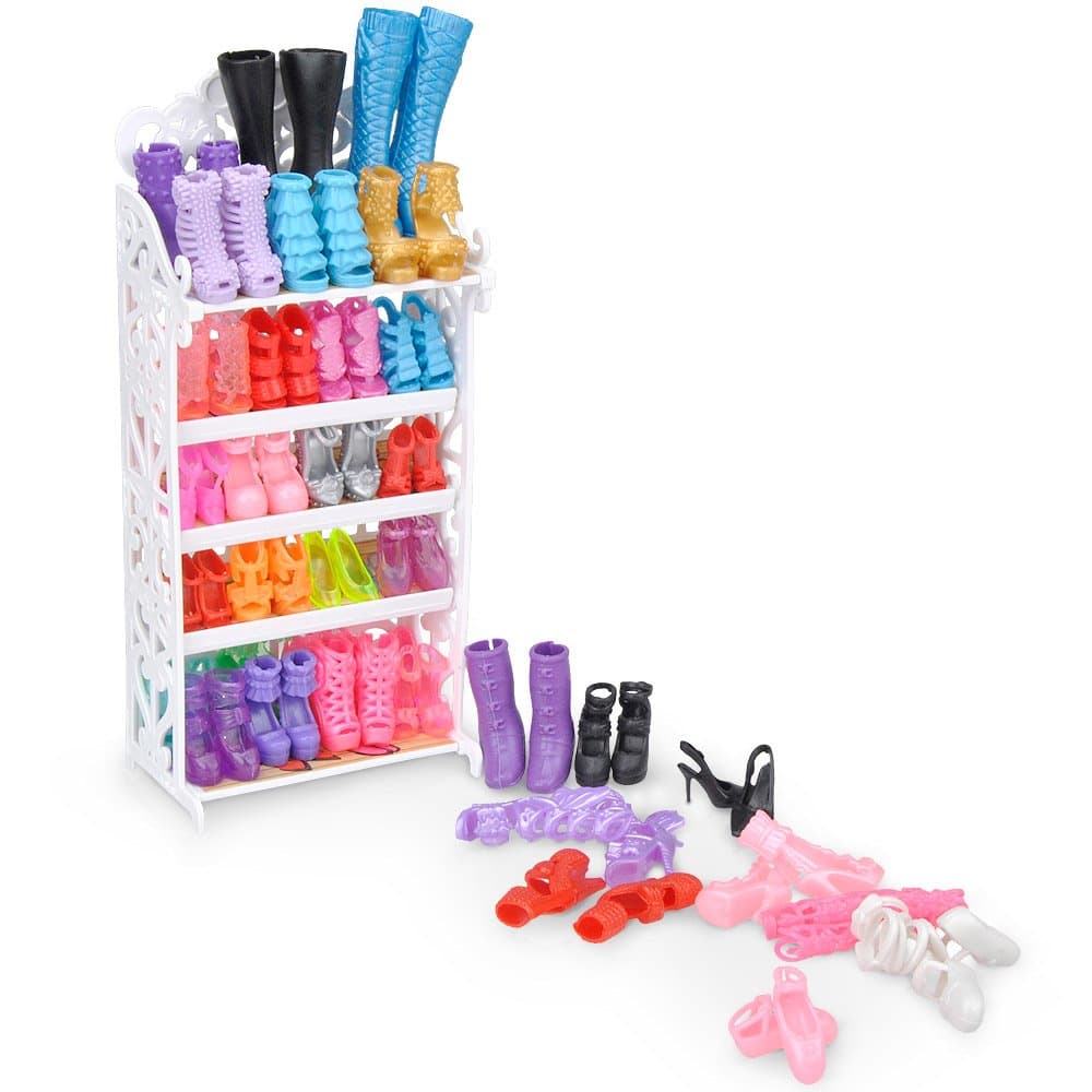 E-TING 1 Doll Shoes Rack Shoes Shelf Cupboard Accessory with 20 Pairs Shoes | Doll Shoes High Heel Shoes Boots Sandals Set for 11.5 inch Doll Playset Accessories
