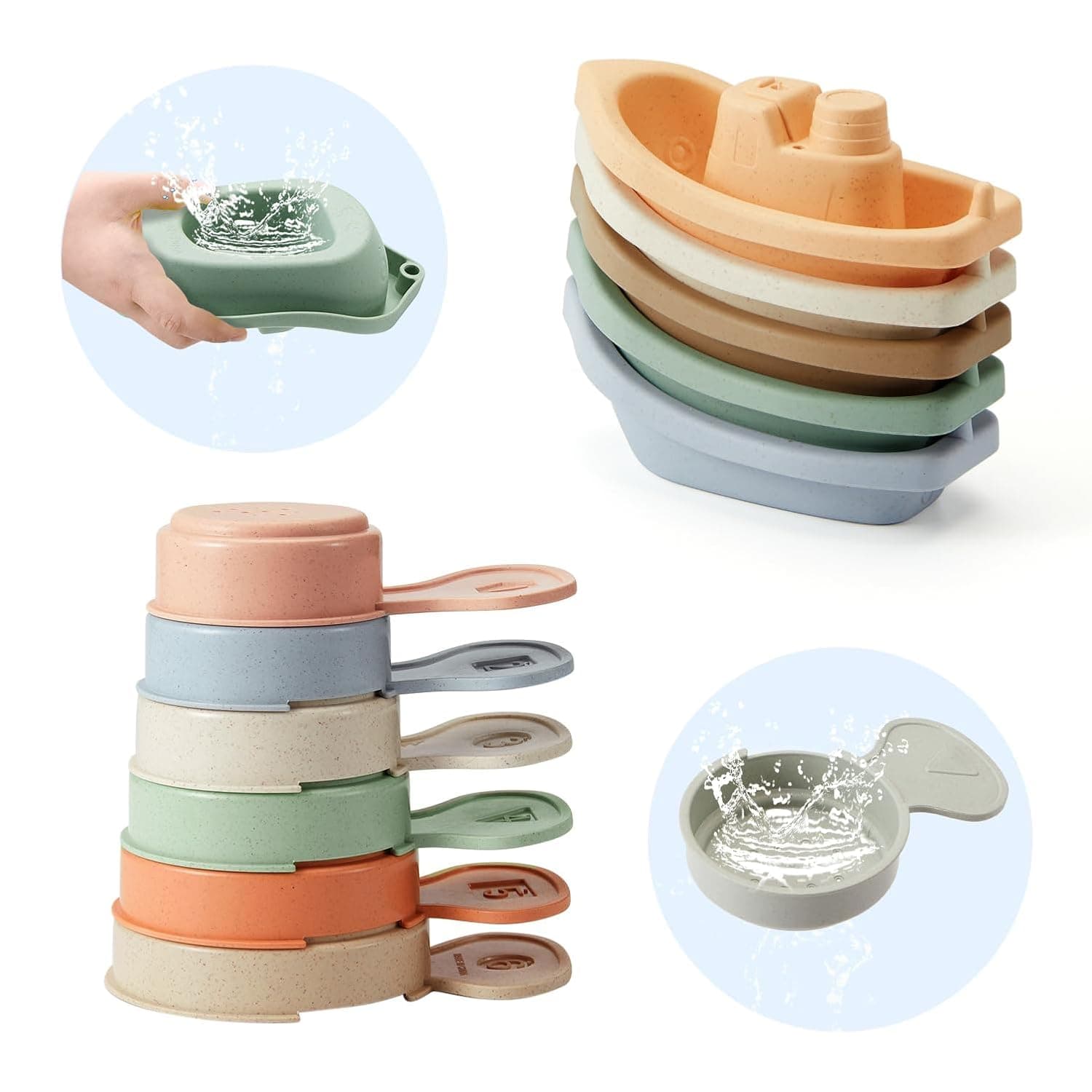 Bath Toys Floating Boats with Bathing Spoon, 11 PCS Bathtub Mold Free Bath Toy for Babies Water Table Toys Toddler Birthday Gift for Preschool Boys/Girls