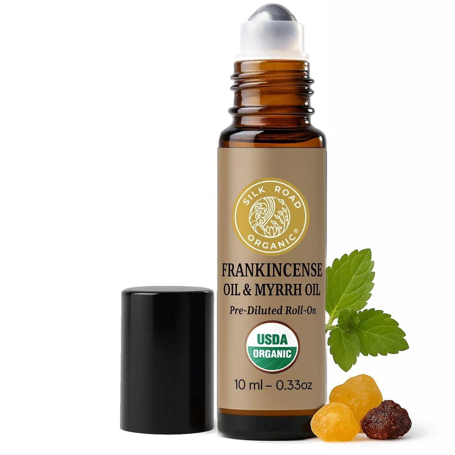 Silk Road Organic Organic Frankincense & Myrrh Essential Oil Roll-On - 100% Pure, USDA Certified, Aromatherapy For Body Pains, Stiffness & Tingling, Stress & Skin Relief - Ro