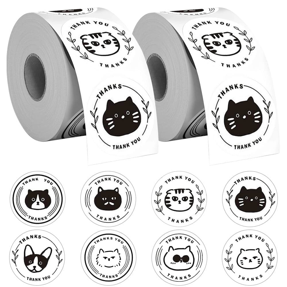 1000 PCS Cat Thank You Stickers 2.5cm Round Self-Adhesive Gift Labels | 2 Rolls Cute Black White Doodle Cat Strong Tack Easy Peel Stickers for Small Business Gift Wrapping Envelope Seals