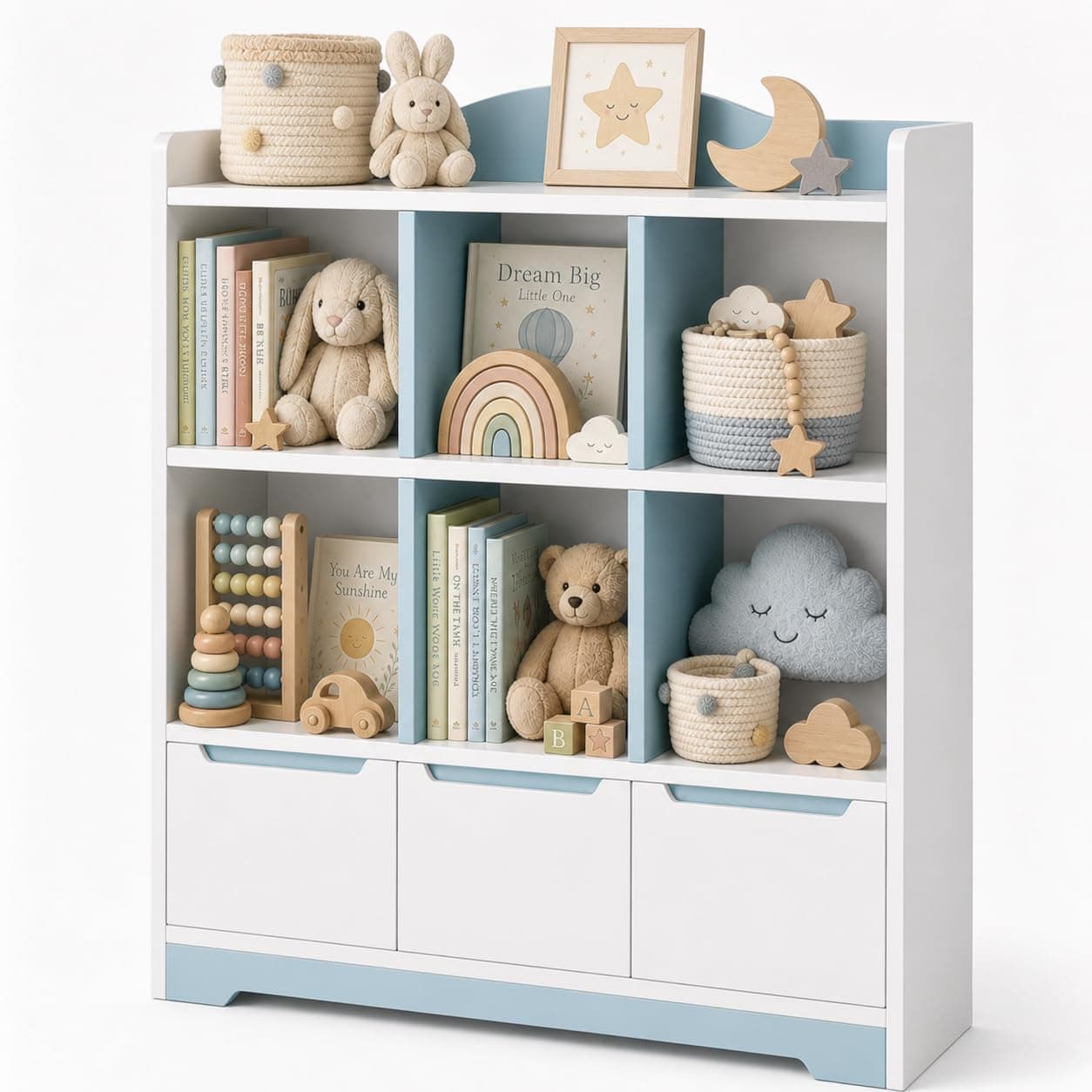 Kids Bookshelf and Toy Storage Organizer, Nursery Bookcase with 6 Cubbies and 3 Lower Cabinets, Slim Space-Saving Storage Shelf for Bedroom, Playroom, Toddler Room