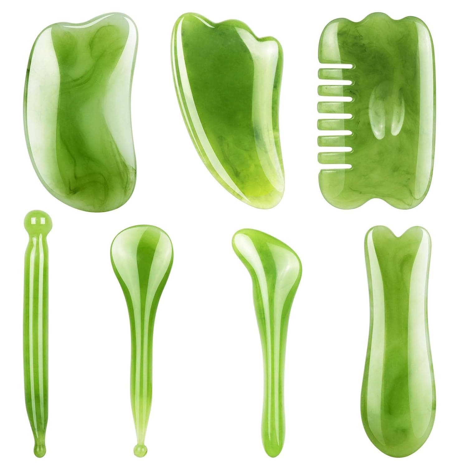ALMEKAQUZ 7Pcs Gua Sha Massage Tool Set, Natural Resin Facial and Body Scraping Tools for Pain Relief & Muscle Relaxation for Face, Back, and Neck
