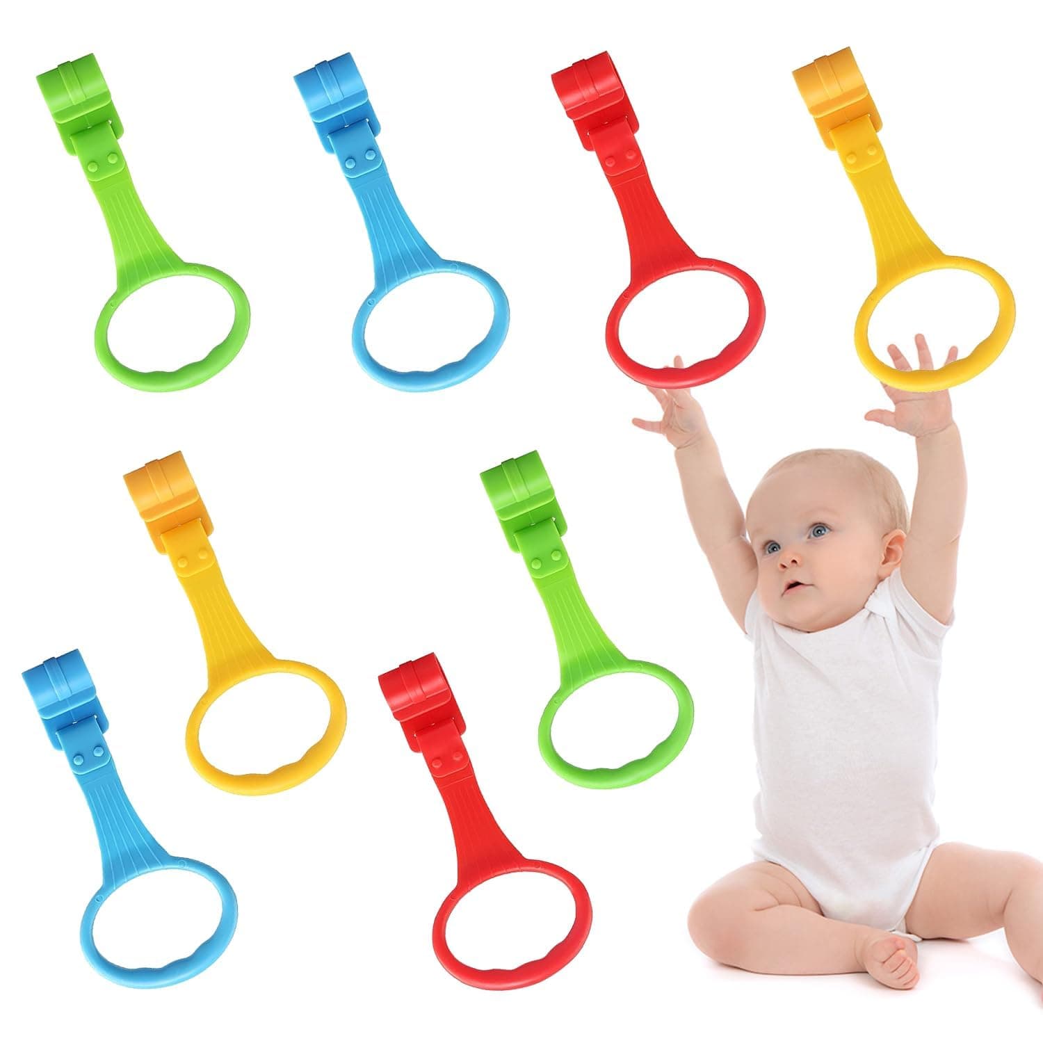 Baby Crib Pull Up Rings, 4 Colors Baby Pull Up Bar, Baby Bed Stand Up Rings, Baby Playpen Accessories Playpen Pull Up Rings, Walking Assistant Pull Up Ring for Infant Baby Toddler (8Pcs)