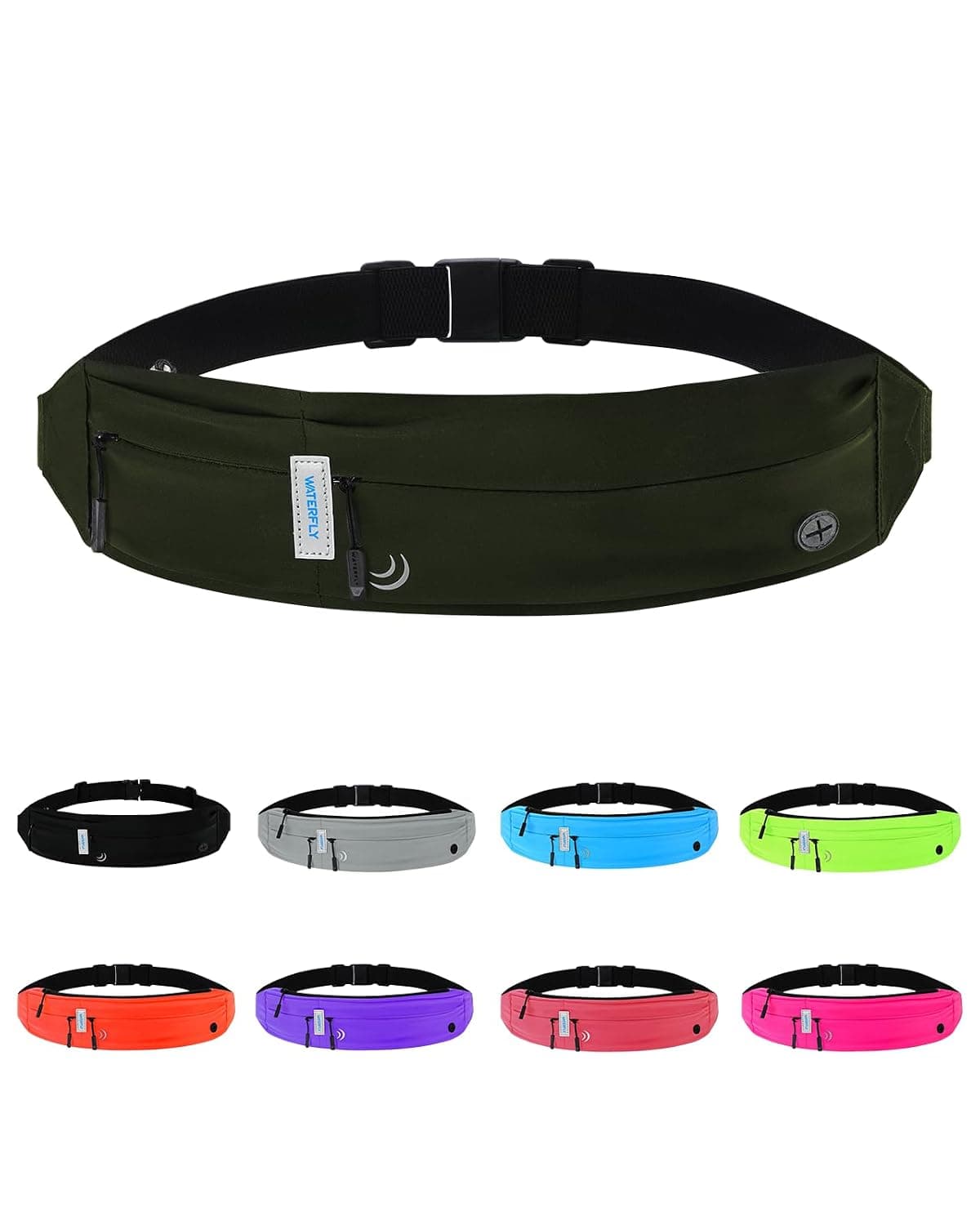 WATERFLY Running Belt Jogging Waist Pack for Men Women Runner | Marathon Fanny Pack, Sport Workout Exercise Fitness Phone Holder Belt, Jogger Slim Waistband, Lightweight