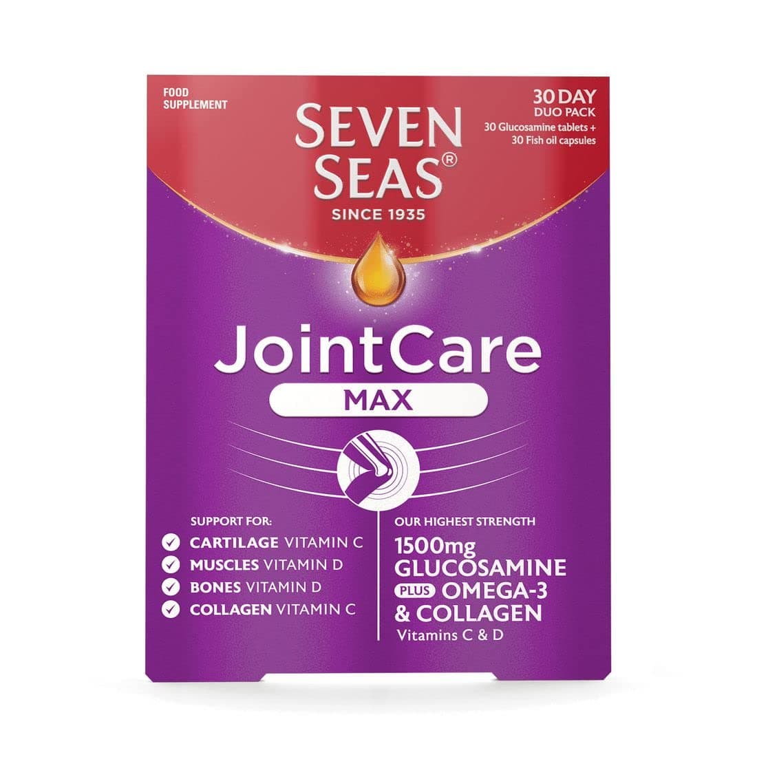 Seven Seas Joint Care Max with Glucosamine 1500mg Plus Omega-3, Collagen, Vitamin C and D Supplements for Joints Health, 60 Capsules