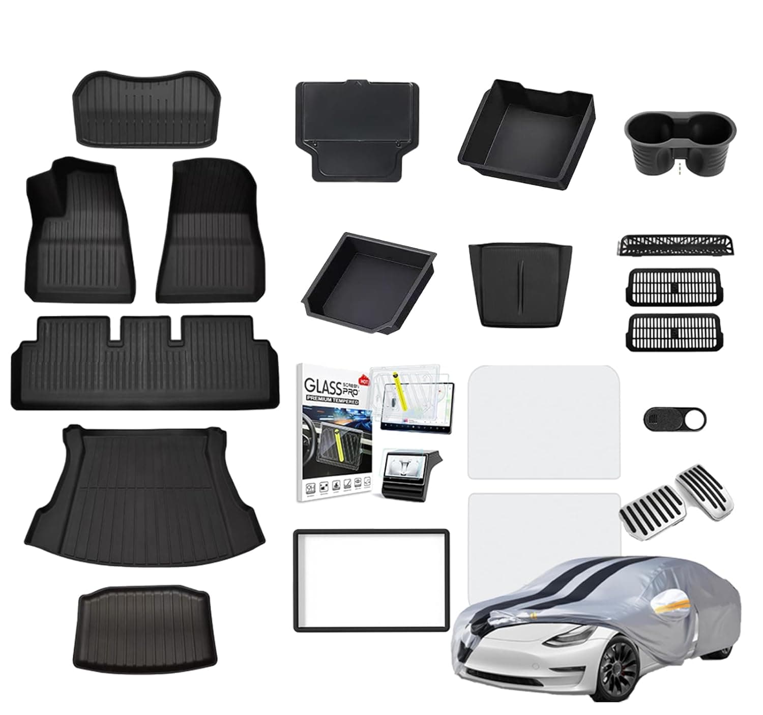 23Pcs Luxury Full Set of Accessories Fit For 2024 2025 2026 Tesla Model 3, Customized TPE Foot Mats, All-weather Car Cover, 15 Pcs Of Interior Accessories，etc