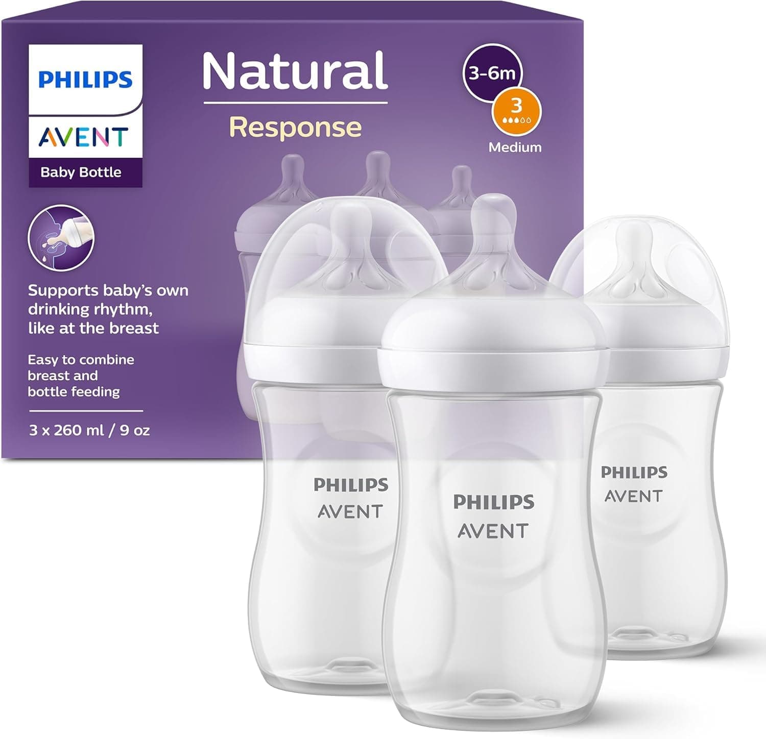 Philips AVENT Natural Response Feeding Bottles, 3 x 260 ml for 3-6 Months, BPA Free (Model SCY903/03)