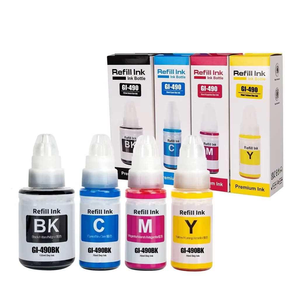 GI-490BK Compatible Ink Bottles for Canon Pixma G1400 G1410 G1411 G2400 G2410 G2411 G3400 G3410 G3411 G3416 G4000, Black 135ml Cyan Magenta Yellow 70ml, 4 Pack
