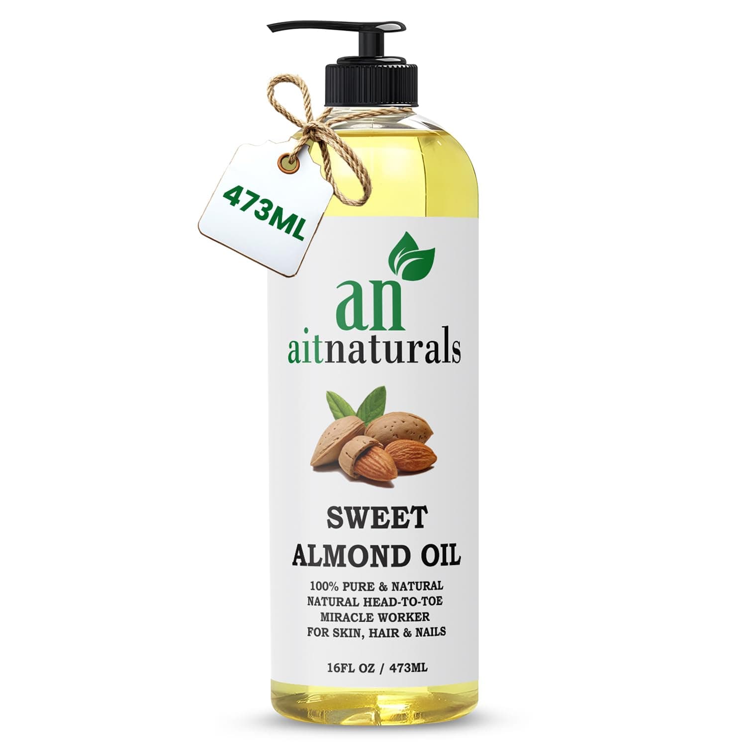 Aitnaturals Organic Sweet Almond Oil 473ml for Hair Growth, Nail, Glowing Skin & Face | 100% Pure Natural & Cold Pressed Vitamin E Carrier Oil for Moisturize Skin, Facial Polish, Body Massages