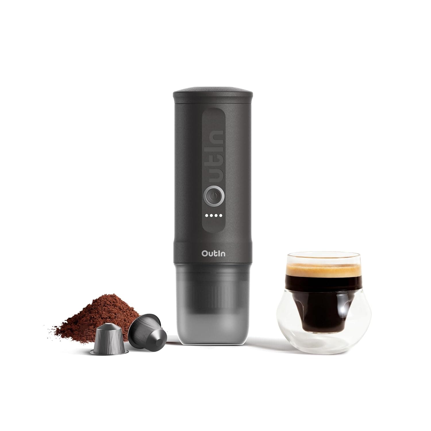 Outin Nano Portable Electric Espresso Machine, Travel Coffee Maker for Camping, Car Coffee Maker Self-Heating with USB-C, With Ground Coffee & NS Capsule for RV, Hiking, Office