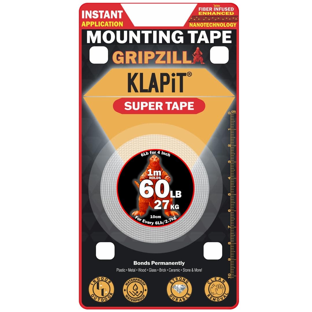KLAPiT SUPER TAPE - GRIPZILLA 1Meter Heavy Duty Double-Sided Nano Tape 60lb/27kg | Strong Adhesive Tape for Wall Mounting, Rugs, and DIY | Residue-Free & Waterproof (1 pc pack)