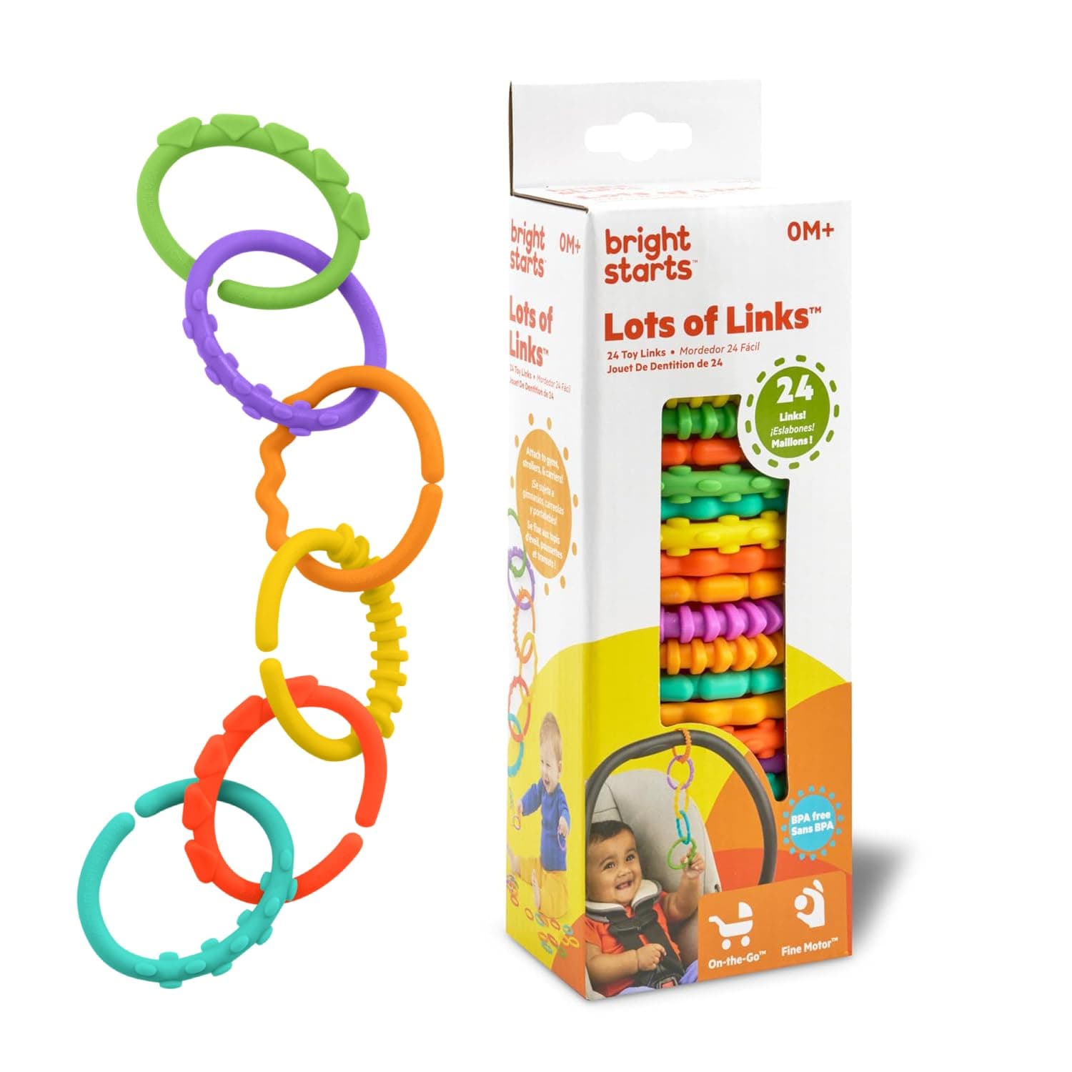 Bright Starts Lots of Links Bendy Colorful Links for Attaching Toys and Teething, BPA Free, Attaching Toys, 24 Count Pack - 0-36 months