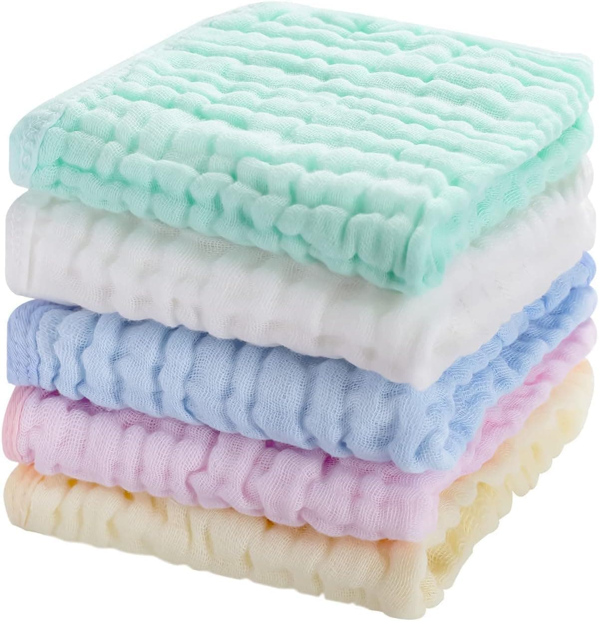 Joyzzz Baby Muslin Washcloths, 5 Pack 25x25cm Gentle Newborn Face Towels, Ultra Soft 6-Layer Muslin Cotton Baby Wipes, for Sensitive Skin, Perfect Baby Shower Gift and Registry Essential
