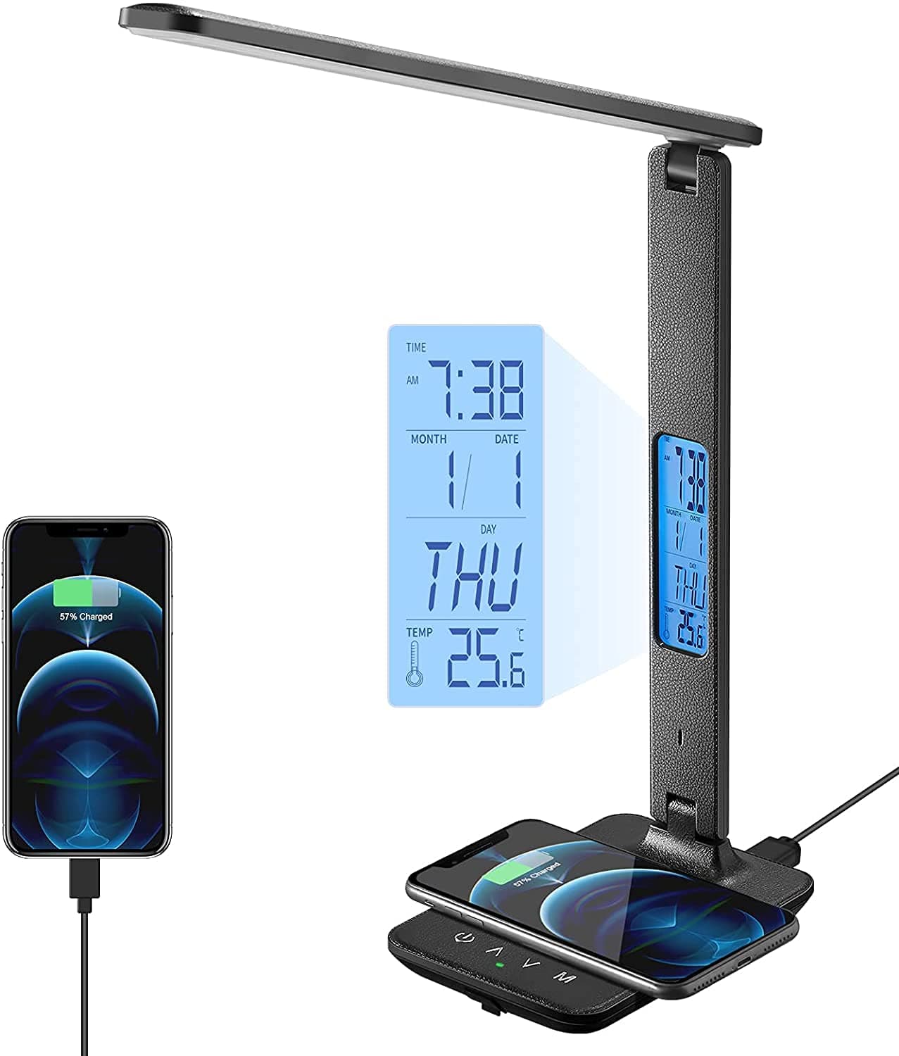 Desk Lamp, LED Desk Lamp with Wireless Charger, USB Charging Port, Table Lamp with Clock, Alarm, Date, Temperature, Office Lamp, Desk Lamps for Home Office,Black (BLACK)