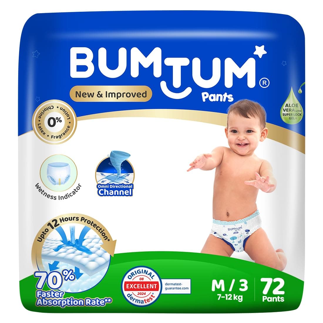 Bumtum Baby Diaper Pants, M (Size 3), 7-12 kg, Double Layer Leakage Protection Infused With Aloe Vera, Cottony Soft High Absorb Technology, 72 Diaper