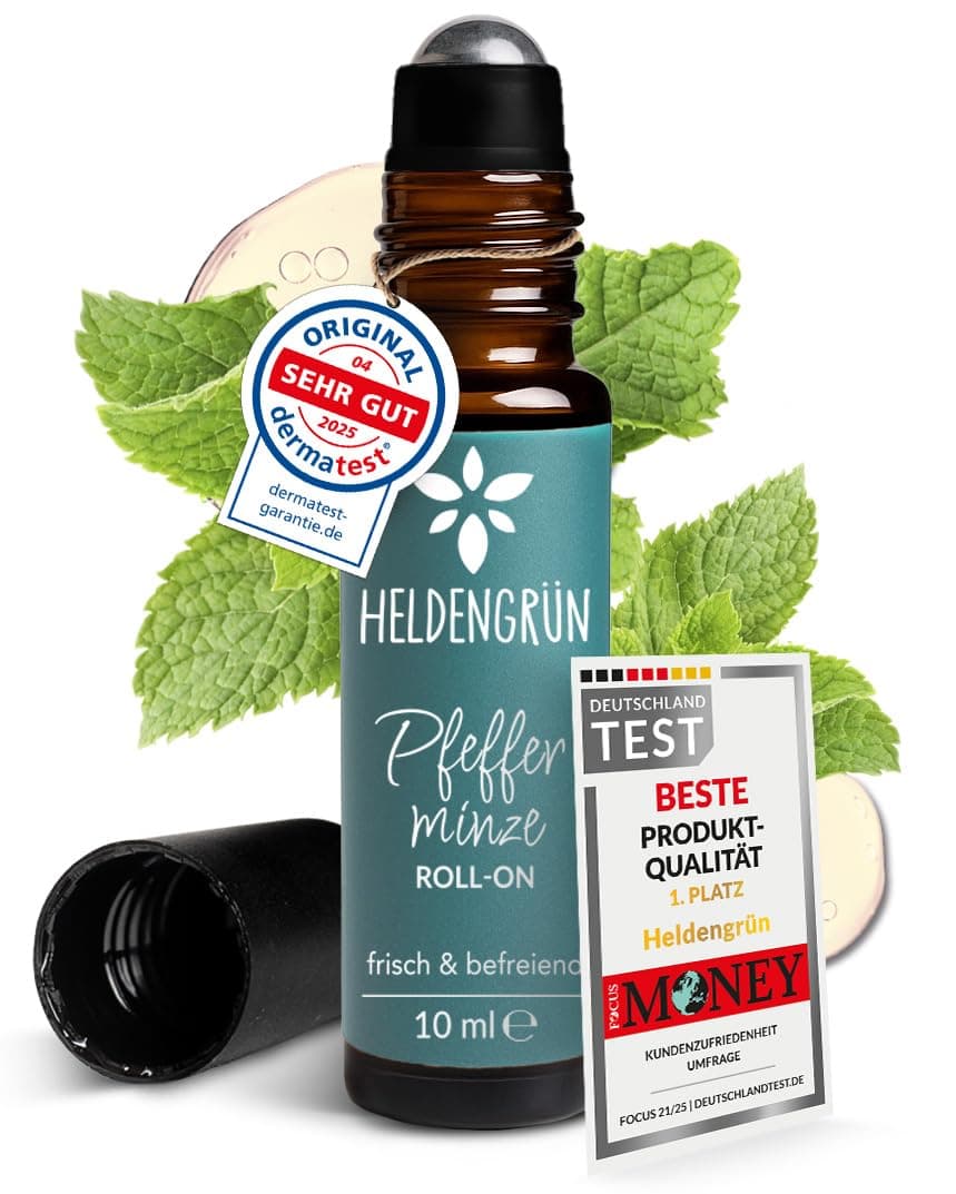 Heldengrün® Organic Peppermint Roll On "Kopfklar" [100% Natural] 10 ml | Dermatologically tested, refreshing, cooling for headaches, 2-in-1: fragrance and care, German startup