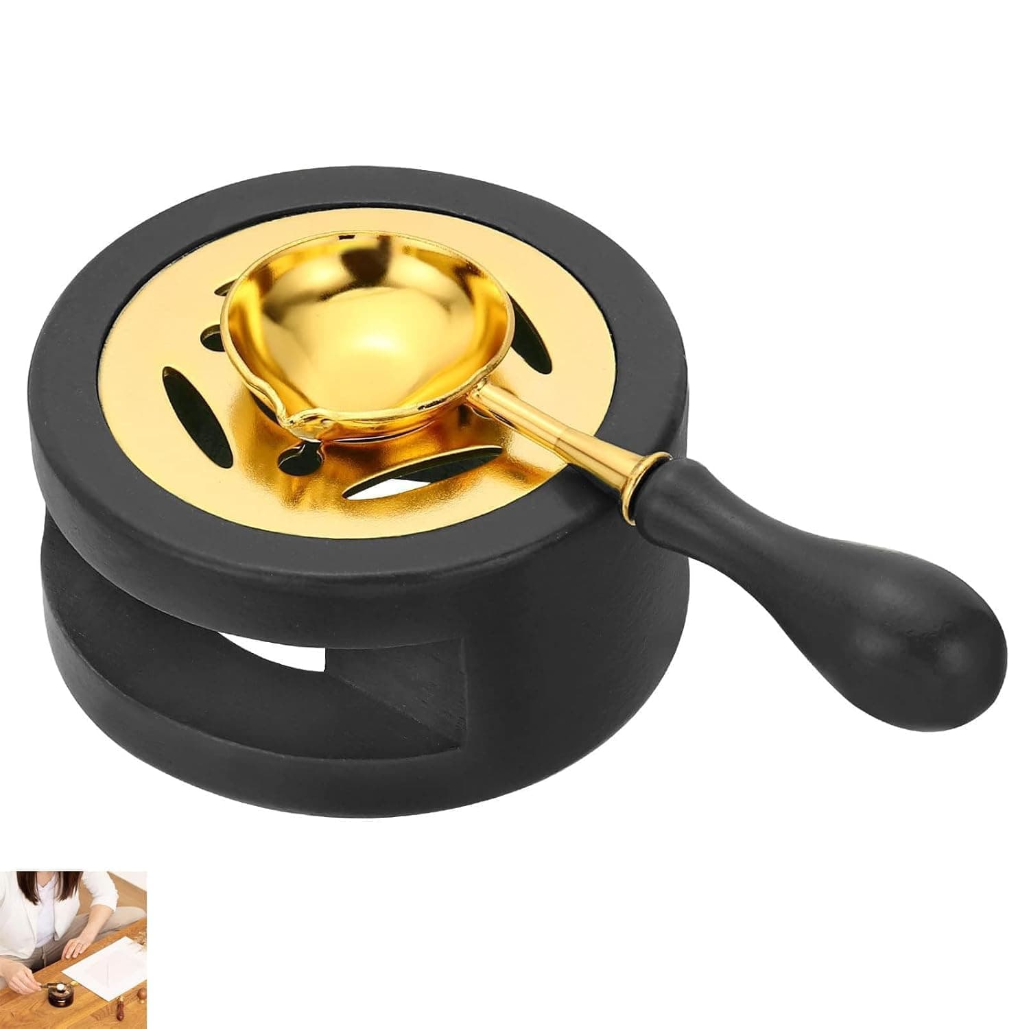 Aputue Wax Seal Warmer, Wood Furnace Melting Tool with Copper Pot for Beads, Arabic Wax Sealing Kit for Envelope Stamp, Metal Spoon Heater for Gift Wrapping, Scrapbooking Stationery Supply