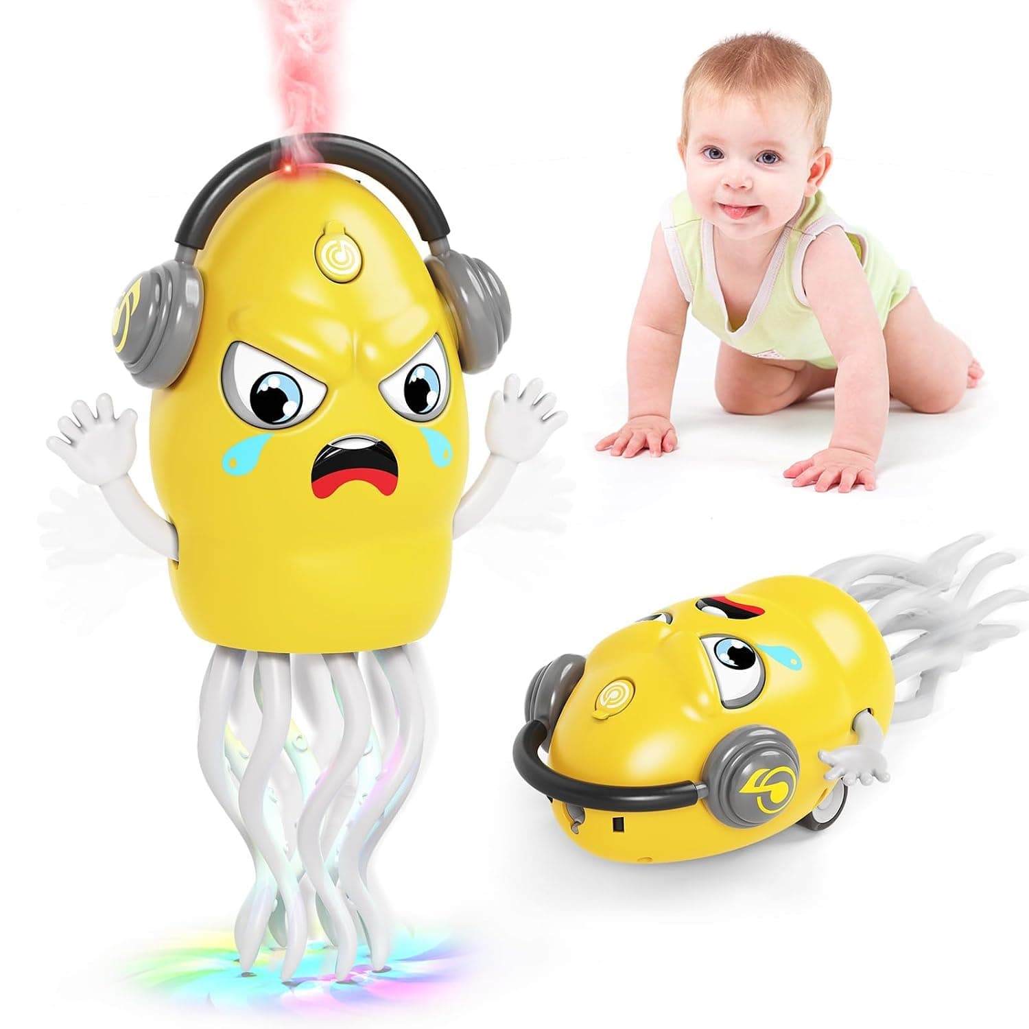 Dancing Squid Toy with Spray, Electric Crawling Octopus Baby Toy with Music and Lights, Interactive Tummy Time Squid Toy, Birthday and Holiday Gift for Kids (Yellow)