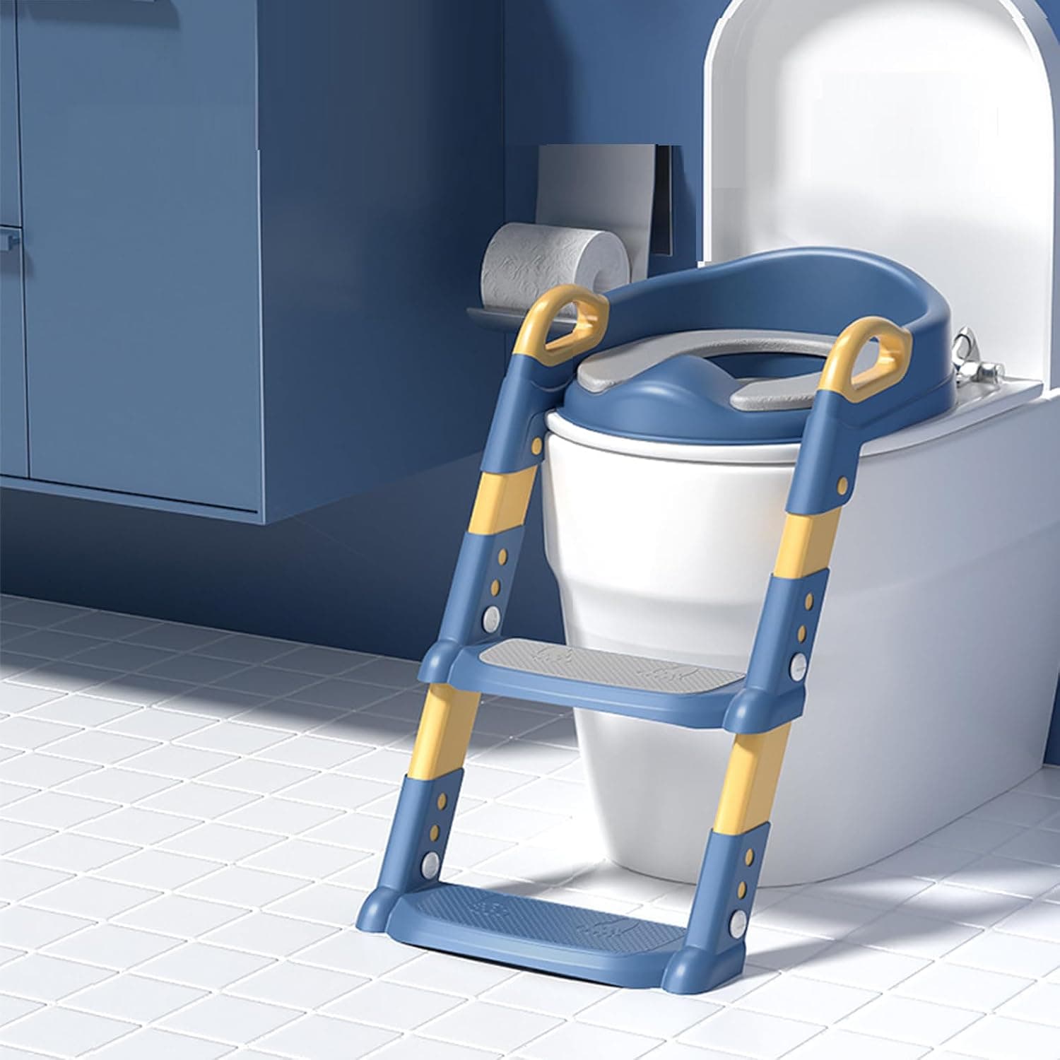 Soofam Potty Training Seat with Step Stool, Potty Training Toilet for Kids Boys Girls,Comfortable Safe Potty Seat with Anti-Slip Pads Folding Ladder (Blue)