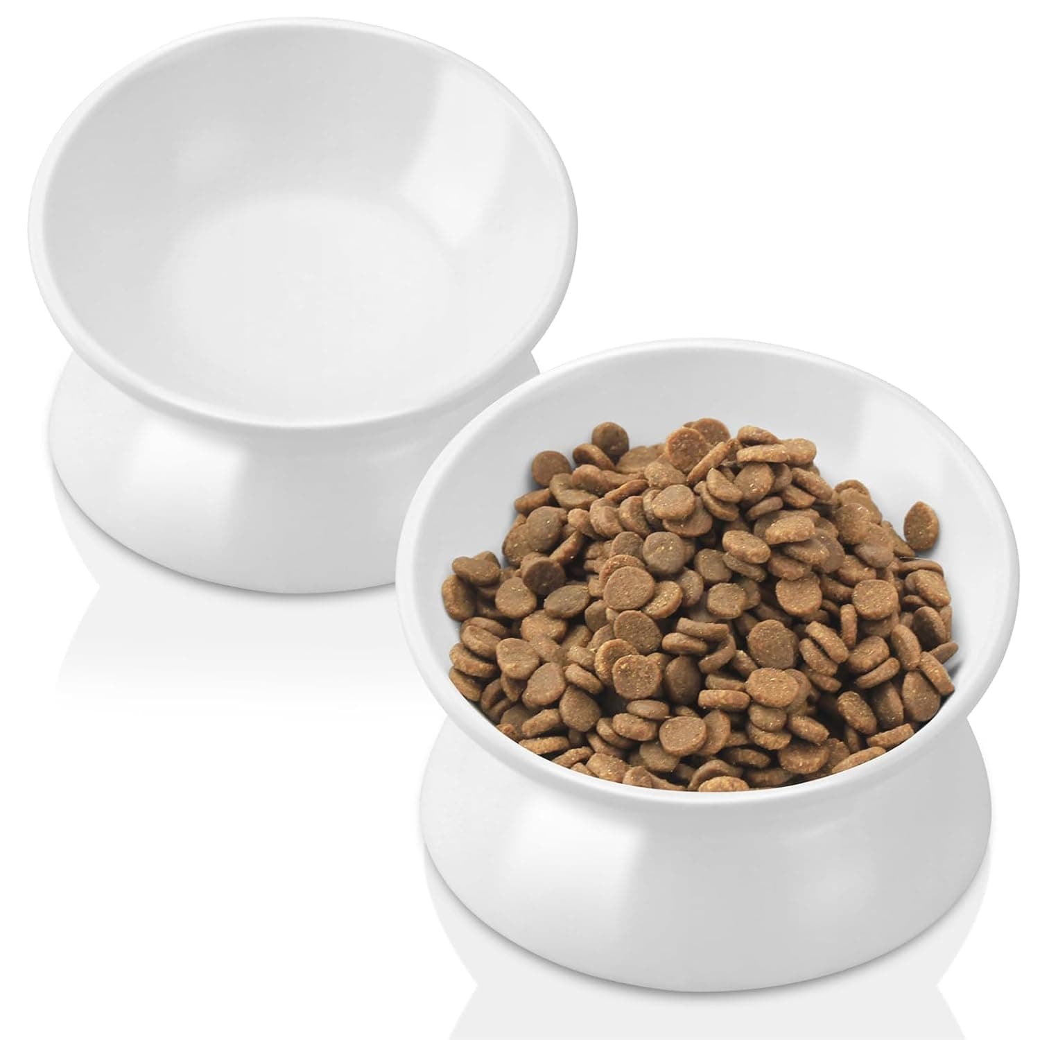 Ceramic Cat Bowls, Set of 2 Tilted Elevated Stress Free Pet Food and Water Dishes for Small to Medium Cats and Dogs (White)