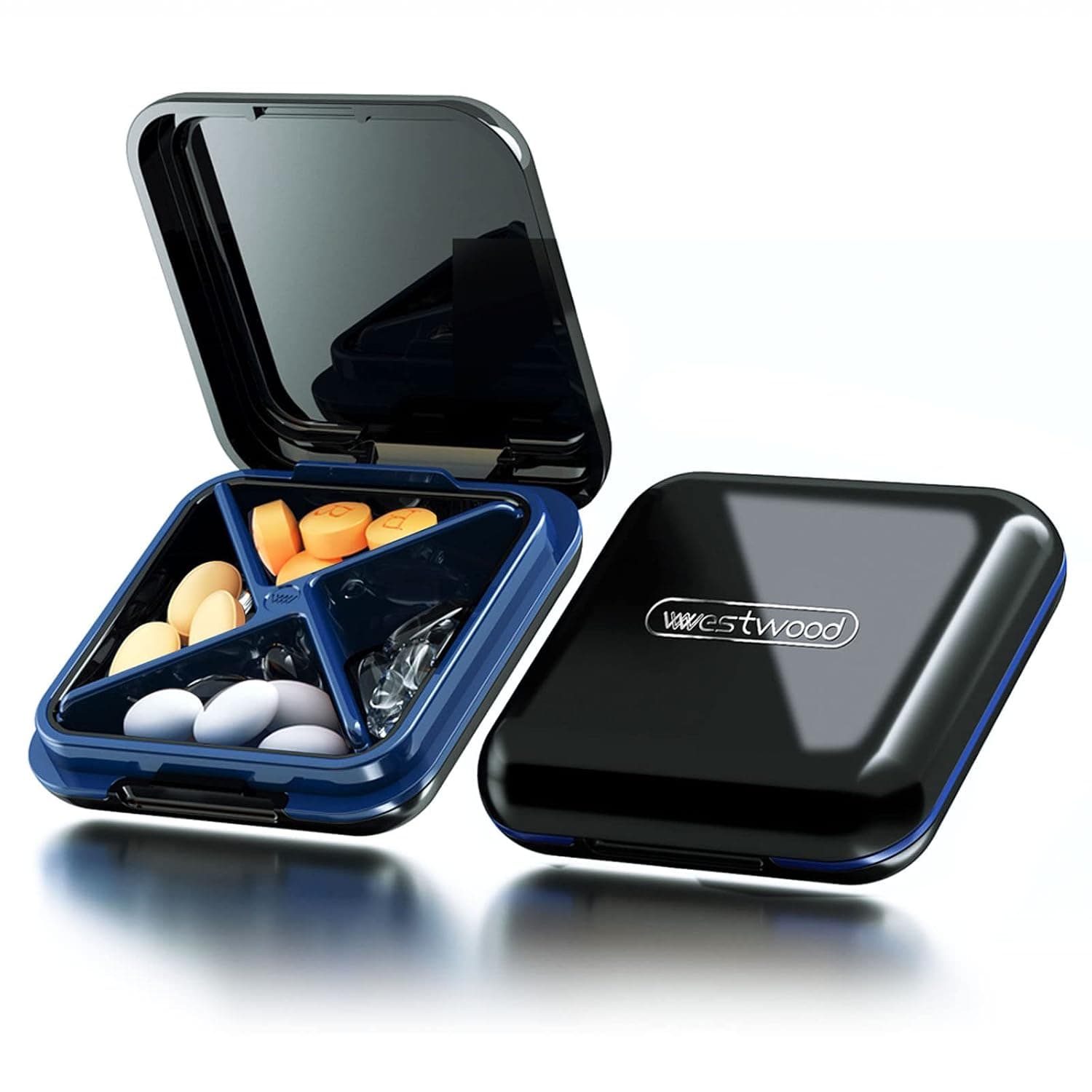Small Pill Case, SOFISO Portable Daily Pill Box Organizer - Waterproof Pretty Cute Pill Container for Purse Pocket, Compact Travel Medicine Holder for Vitamins, Fish Oils, Supplements, Black