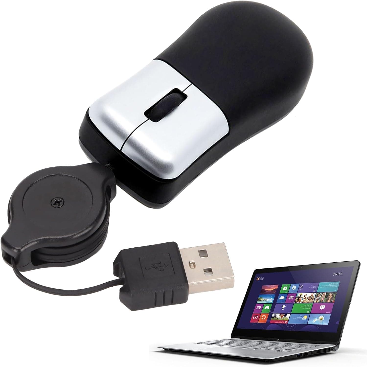 Mini Travel Optical Mouse, black, Wired Plug & Play, Retractable USB/USB-C Cable, Small Corded Mice for Laptop/PC/MacBook/iPad/Smartphones | Suitable for Working, Gaming, Notebook Use