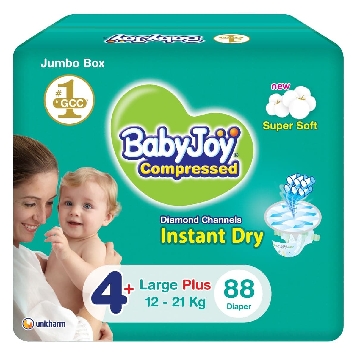 Babyjoy Compressed Diamond Pad, Size 4+, Large+, 12-21 Kg, Jumbo Box, 88 Diapers
