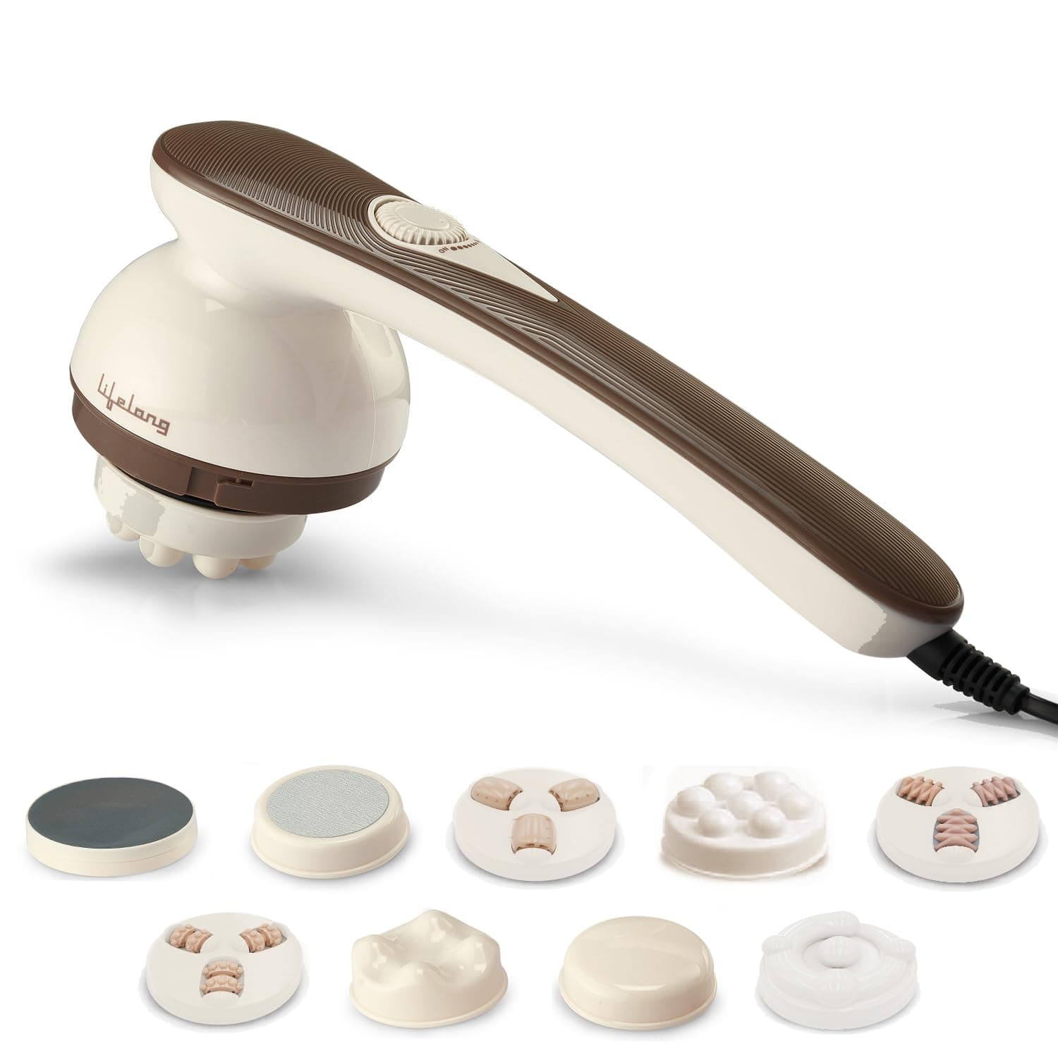 Lifelong Electric Handheld Full Body Massager Machine with Free Ice Gel Pack - 9 Massage Heads For Pain Relief & Relaxation with Multiple Speed Settings (Brown, LLM180)