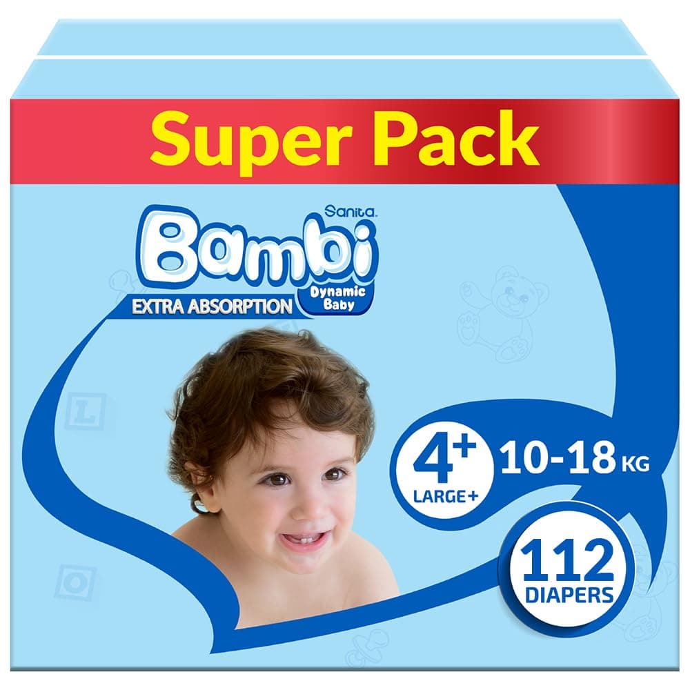 Sanita Bambi, Size 4+, Large+, 10-18 Kg, Super Box, 112 Diapers (Package may vary)