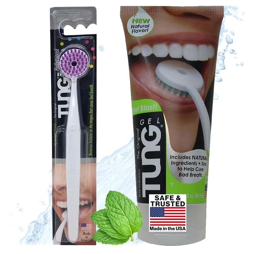 Peak Essentials | Tongue Scraper | Mint Blast - Natural TUNG Gel Kit | Tongue Cleaner | Odor Eliminator | Fight Bad Breath | Fresh Mint | BPA Free | Made in America (STARTER PACK) | Includes TUNG Tongue Brush & Natural Mint Blast Gel for daily oral care, fresh breath & halitosis care