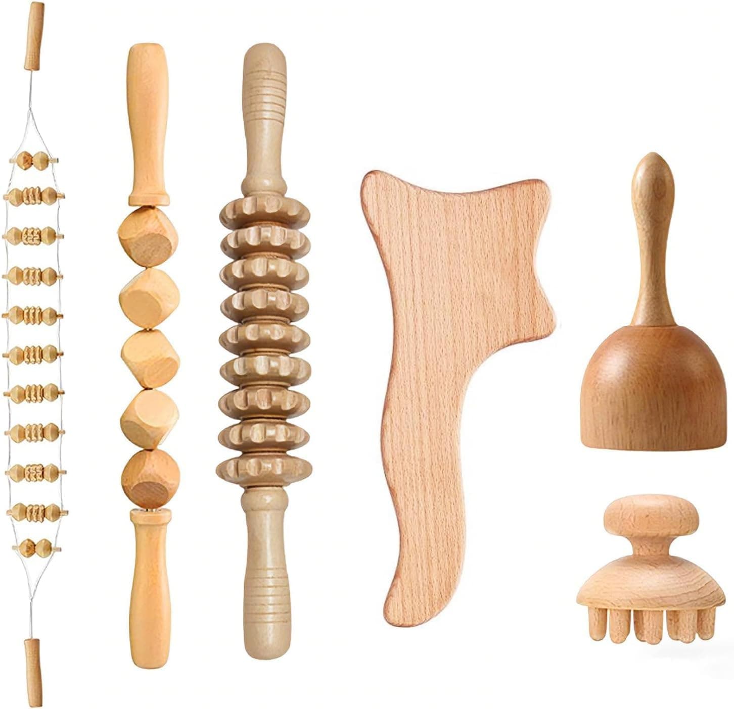 Wood Therapy Massage Tools Set of 6, Wooden Massager Kit with Massage Roller, Body Gua Sha Tool and Handheld Massage Tools for Back, Neck, Shoulders, Legs and Full Body Relaxation