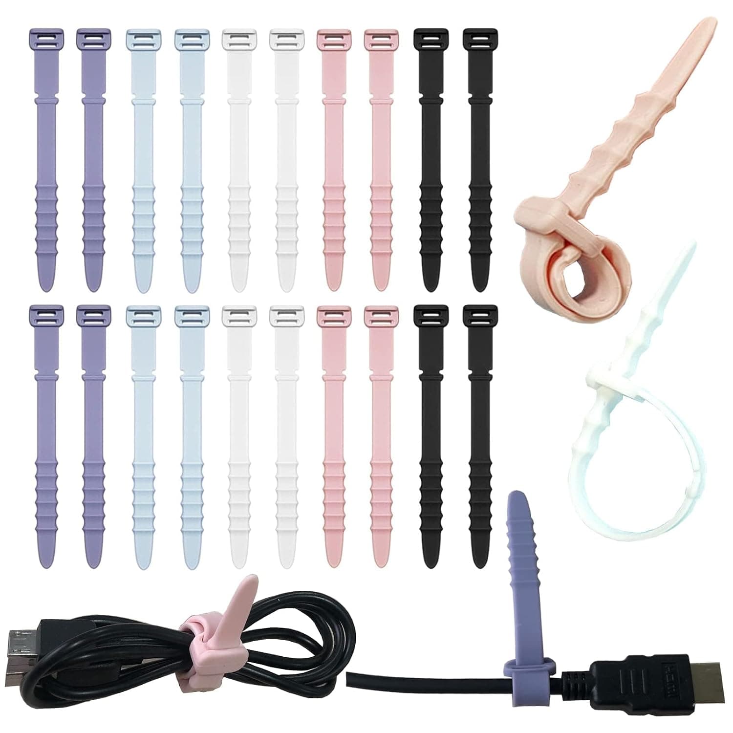 Tazweeq 20Pcs Silicone Zip Ties, 4.5” Cord Ties Reusable Zip Ties, Elastic Cable Organizer, for Home Office Table Desk, Rubber Cable Ties Straps, for Wire Management, Multicolor