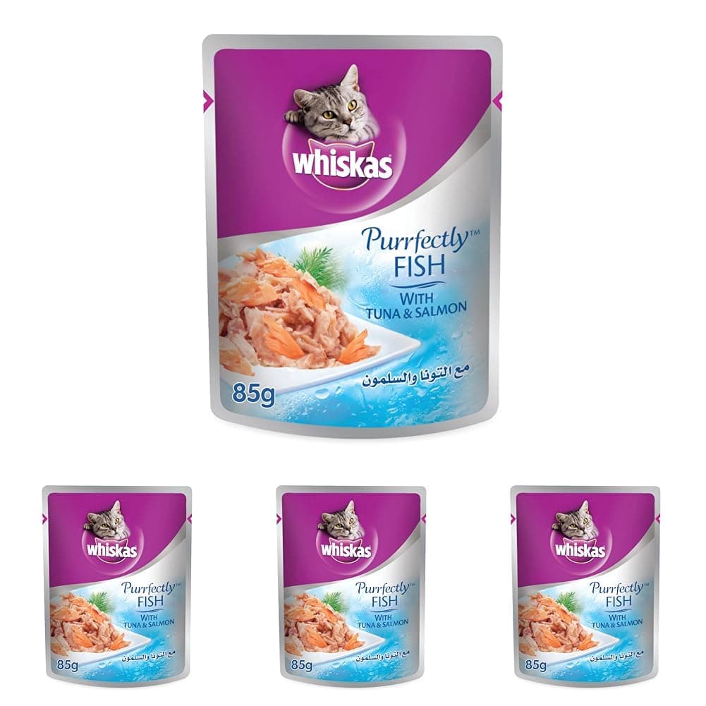 Whiskas Purrfectly Fish, with Tuna & Salmon, Wet Cat Food for Adult Cats, Flavor Lock Pouch Made for Sealing Freshness, Made from Real Fish for a Complete and Balanced Nutrition, 85g (Pack of 4)