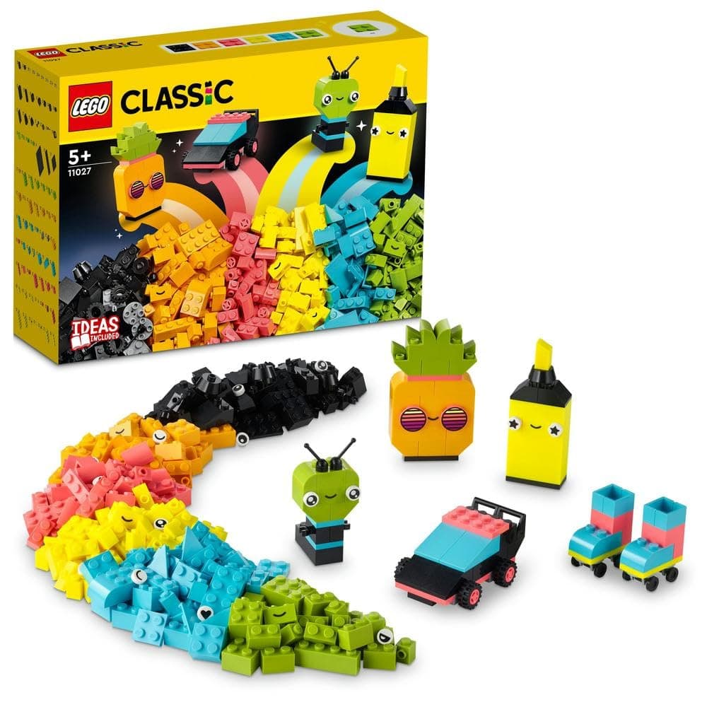 LEGO 11027 Classic Creative Neon Fun Brick Box Set, Building Toy with Models; Car, Pineapple, Alien, Roller Skates, Characters and More, for Kids, Boys, Girls 5 Plus Years Old