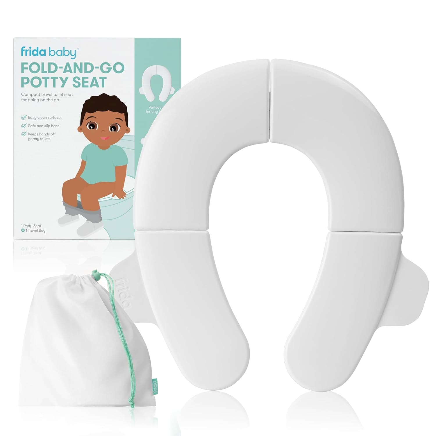 Frida Baby Fold-and-Go Potty Seat for Toilet | Foldable Travel Potty Seat for Toddler, Fits Round & Oval Toilets, Non-Slip Base, Handles, Includes Free Travel Bag | Foldable Travel Potty Seat Fits Round & Oval Toilets, Non-Slip Base, Handles, Free Travel Bag