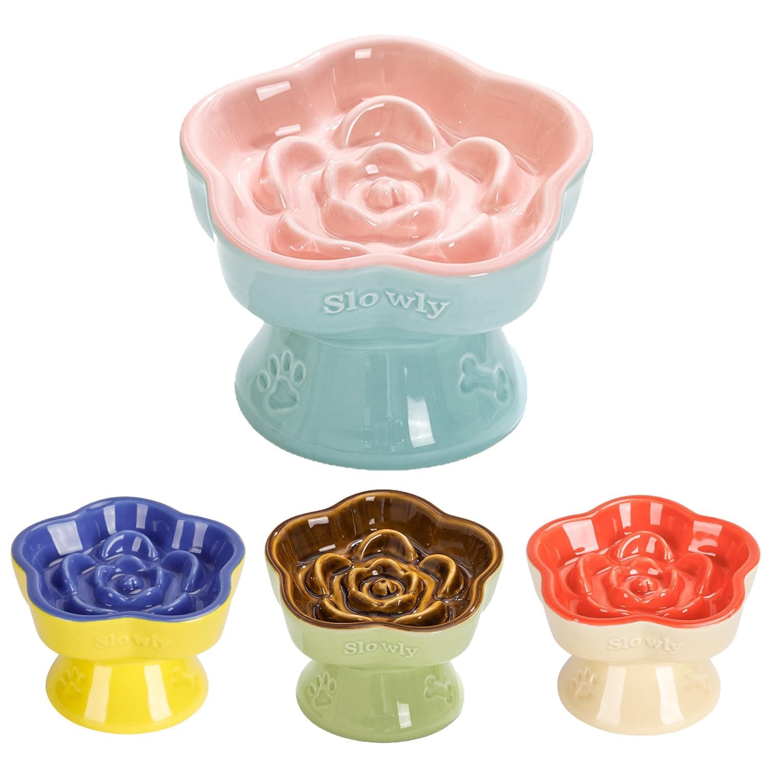 Ceramic Raised Cat Bowl, Elevated Tilted Slow Feeder Pet Dish, Cute Flower Shaped Food Bowl for Small Dogs and Cats, Glass Feeder for Wet or Dry Meals (Pink, 5.8")