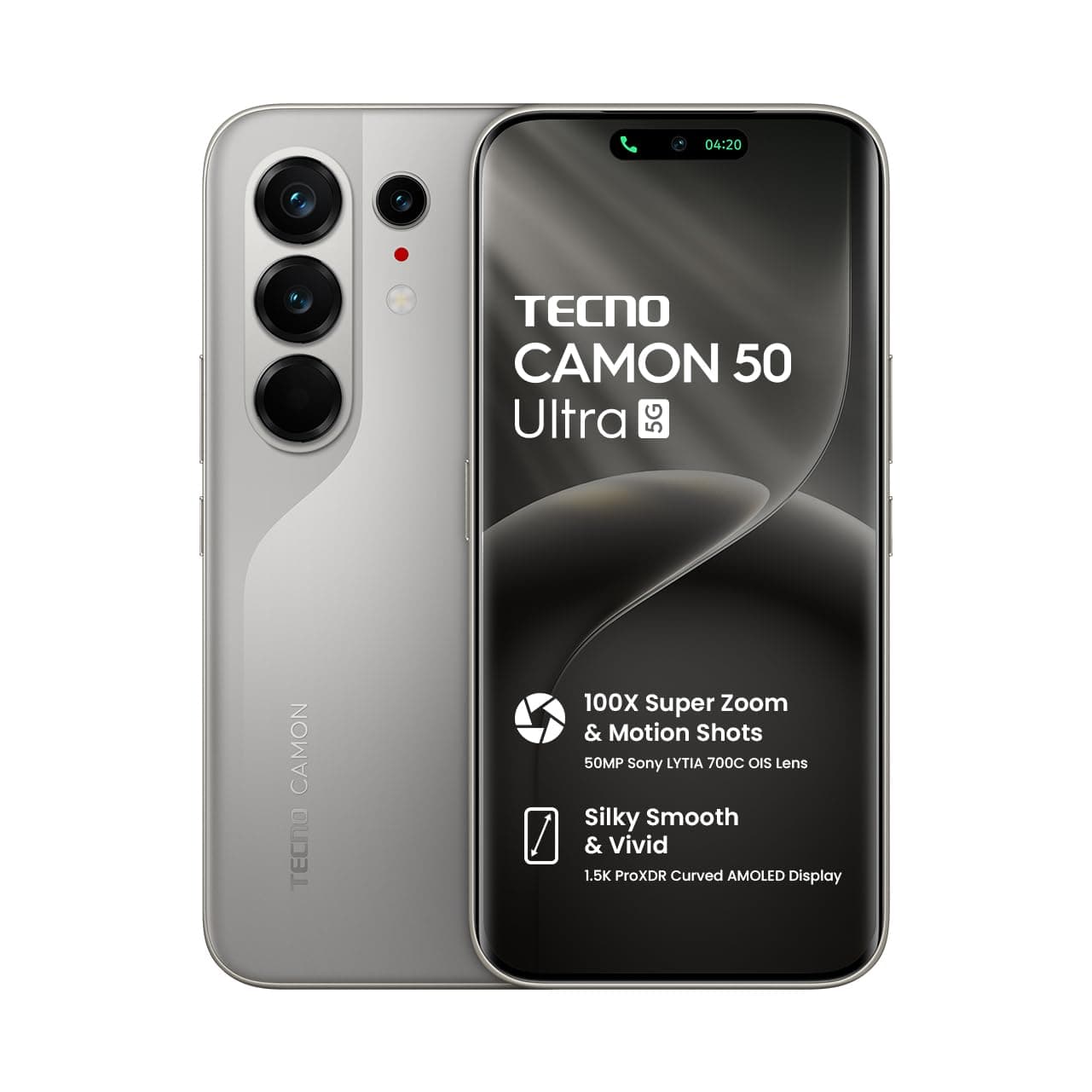 Tecno Camon 50 Ultra supports 5G - 8GB RAM, 256GB storage, 50MP camera, 6.78-inch AMOLED screen, 6500mAh battery with fast charging support, Android 16, Titanium