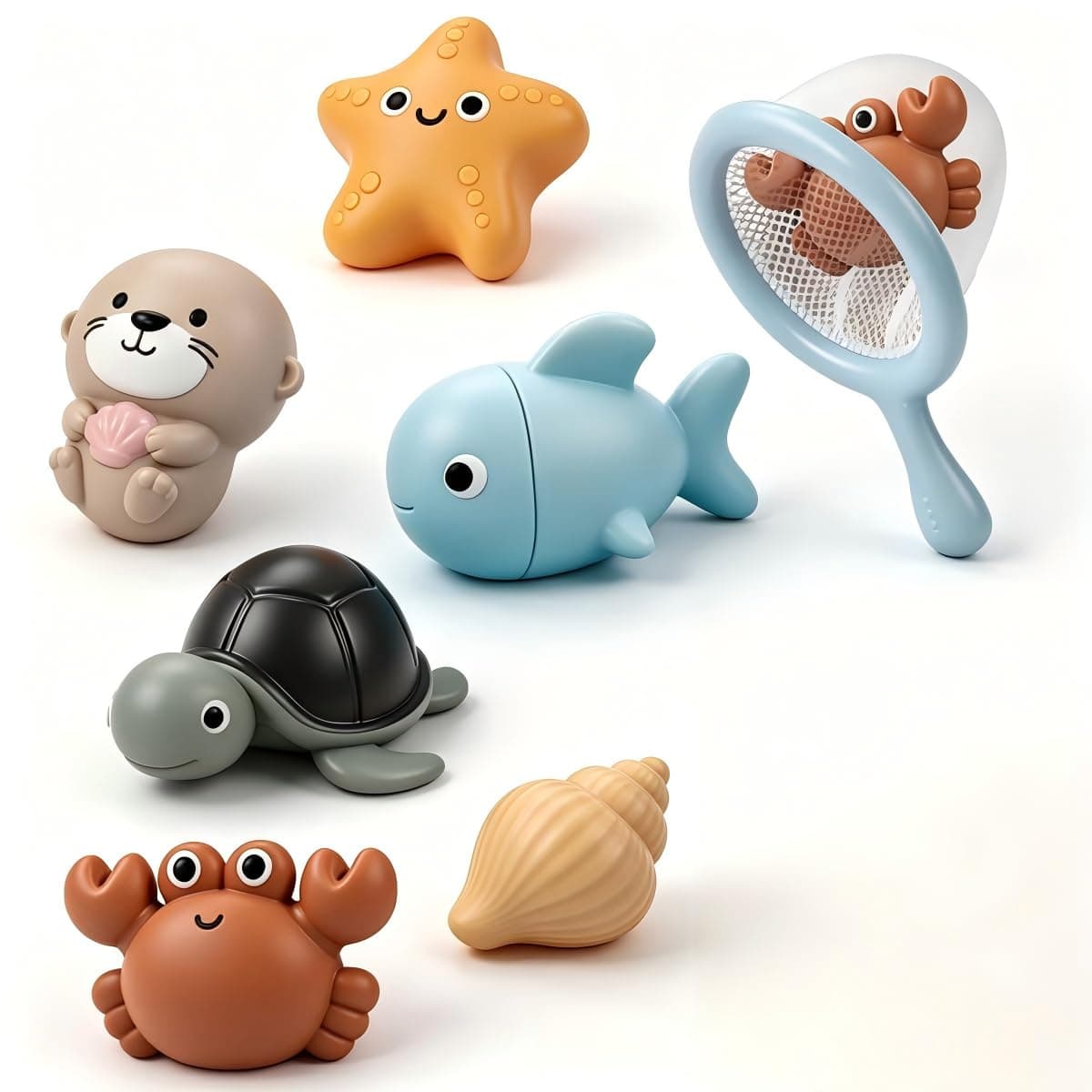 7PCS Baby Bath Toys, Sealed No-Hole Mold-Free Ocean Animal Toys, Soft Floating & Squeeze Water Toys with Fish Mesh for Toddlers, Bath, Shower, Pool & Beach, for Ages 1-3 Years