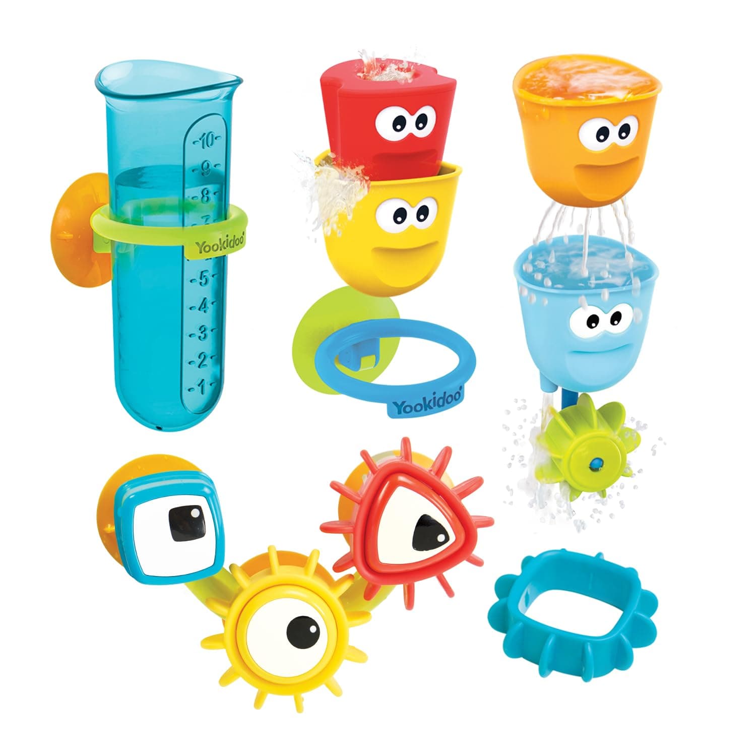 Yookidoo Kids Bath Toy - Cups 'N' Gears Water Set - Includes 3 Interchangeable Bath Cups, Suction Cups, 3 Googly Eye Gears and Pourers that Attaches to Any Size Tub