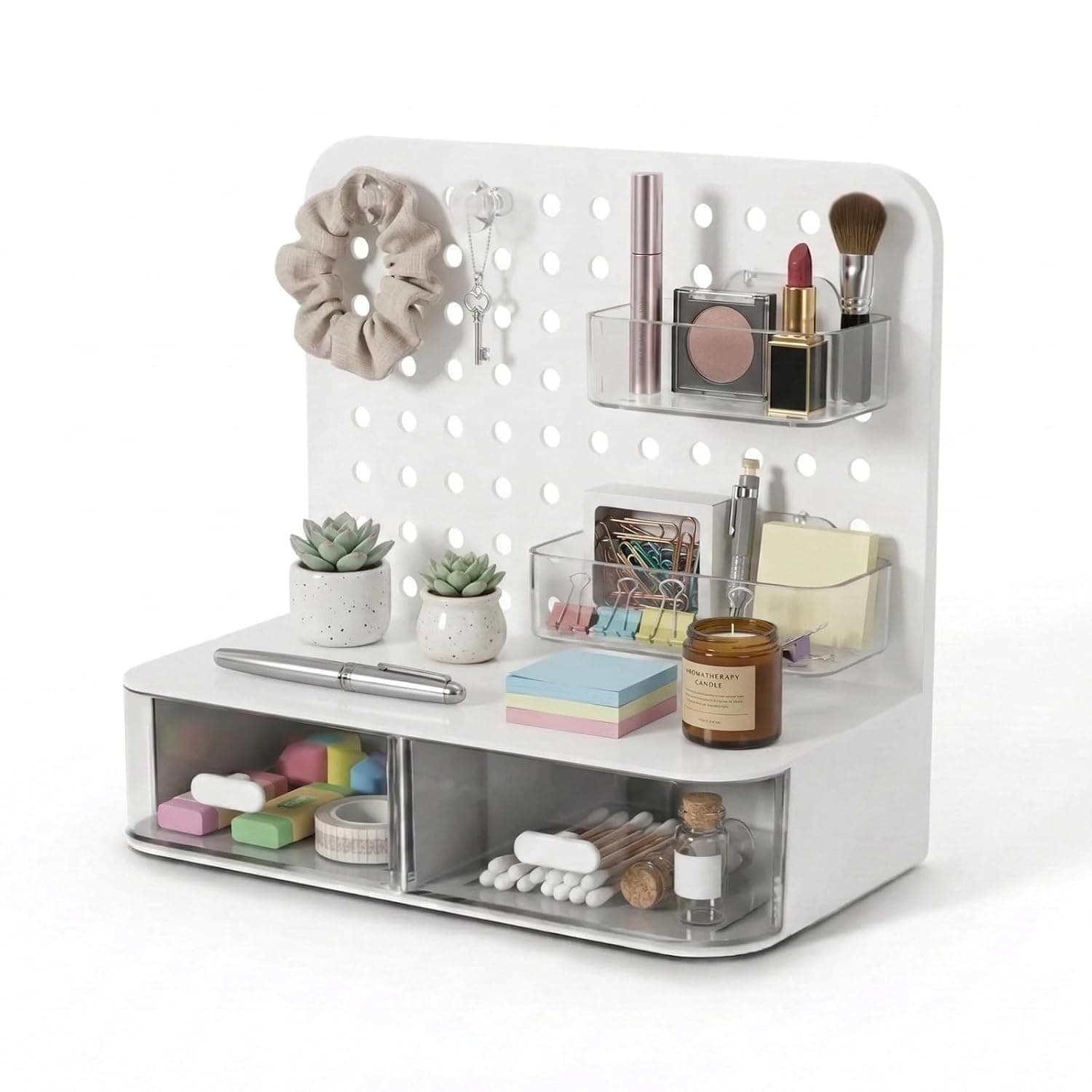 Slema Desk Storage & Pegboard Wall Organizer - White Mount or Stand Unit with 2 Clear Drawers & Baskets, Adjustable Vertical Space Saver for Home Office, Countertop, Small Spaces & Dorm