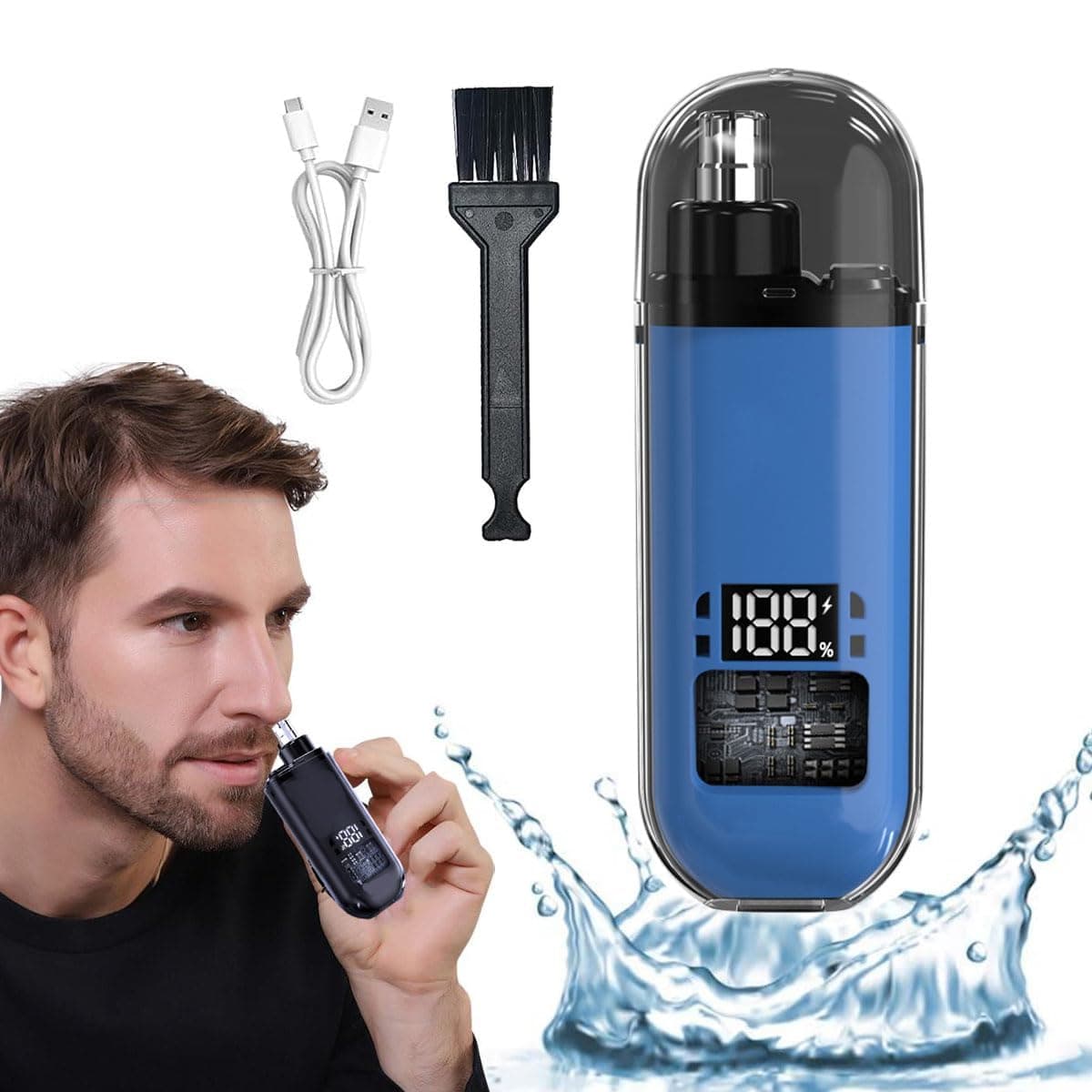 NALACAL Nose Hair Trimmer, 2 in 1 Nasal Hair Cutter, Ipx7 Waterproof Electric Portable Nose Hair Trimmer, type-C Rechargeable Nose and Ear Hair Trimmer, With Digital Display (Blue Transparent)