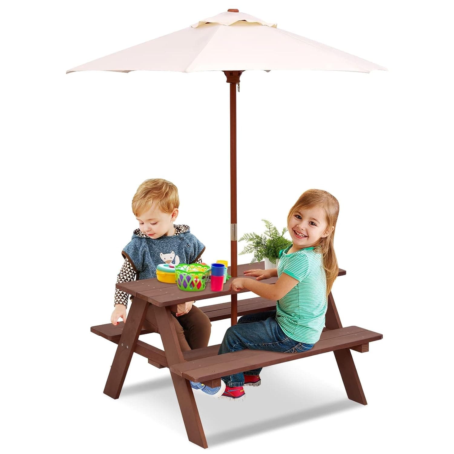 FANTASK Outdoor Furniture Set for Kids, Children's Furniture Set with a Removable Parasol, Children's Picnic Table Made of Fir Wood for Outdoors, Brown