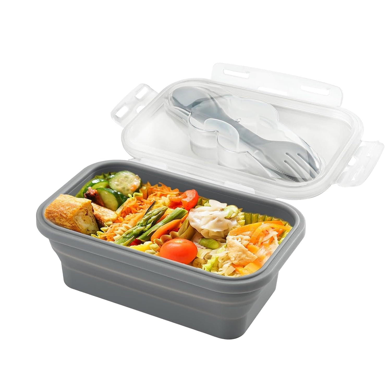 ELECDON 1Pcs Collapsible Silicone Bento Box with Spoon & Fork, Food-Grade Silicone Lunch Container with Airtight Lid, Bento Lunch Box Containers High Temperature Resistance of Microwave Oven (800ML)