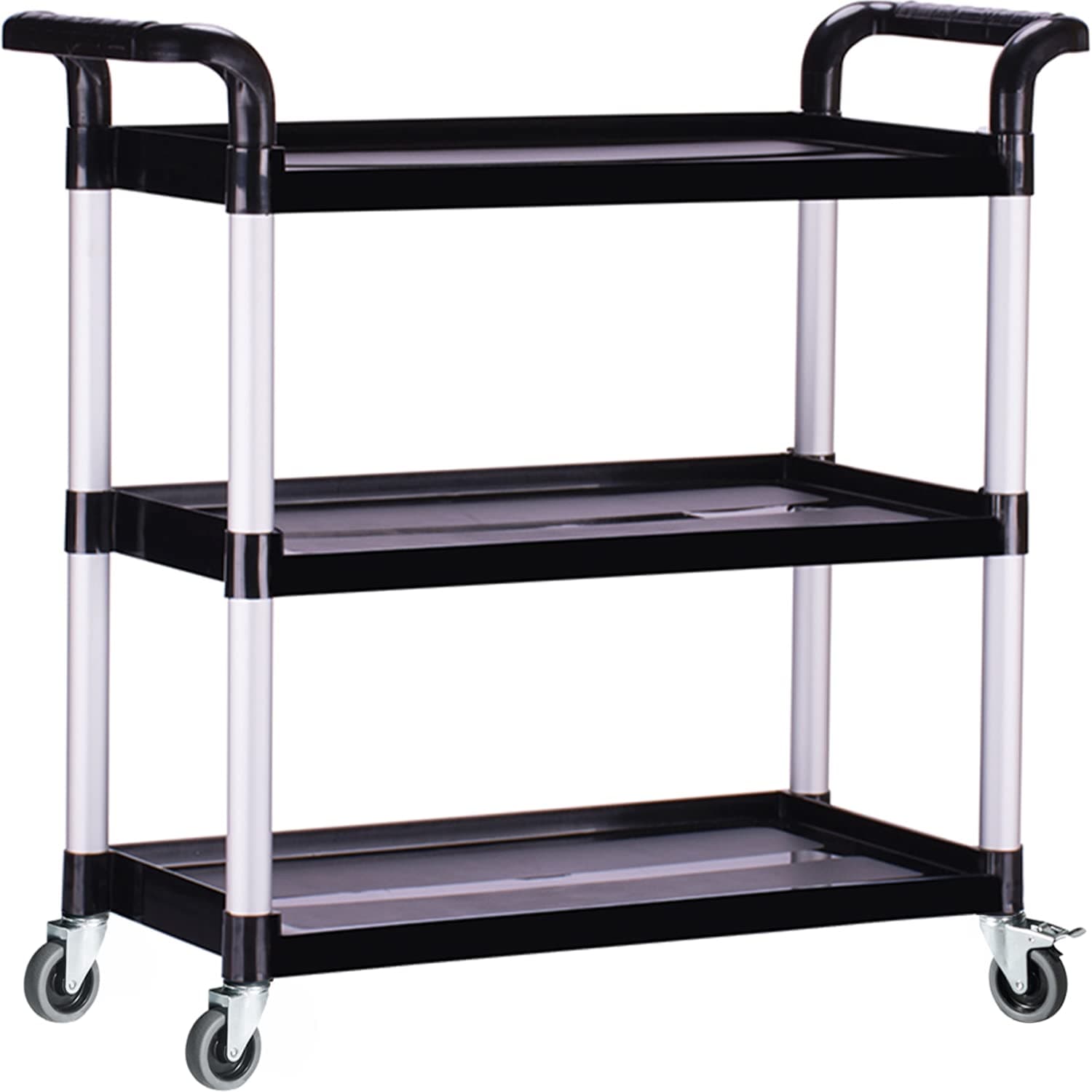 PELOEMNS 3-Tier Rolling Plastic Service Cart, 480lbs Capacity Utility Carts with Wheels Heavy Duty 3 Shelf Tool Cart Restaurant Food Carts for Office, Warehouse, Garage (Lockable Wheels, Black)