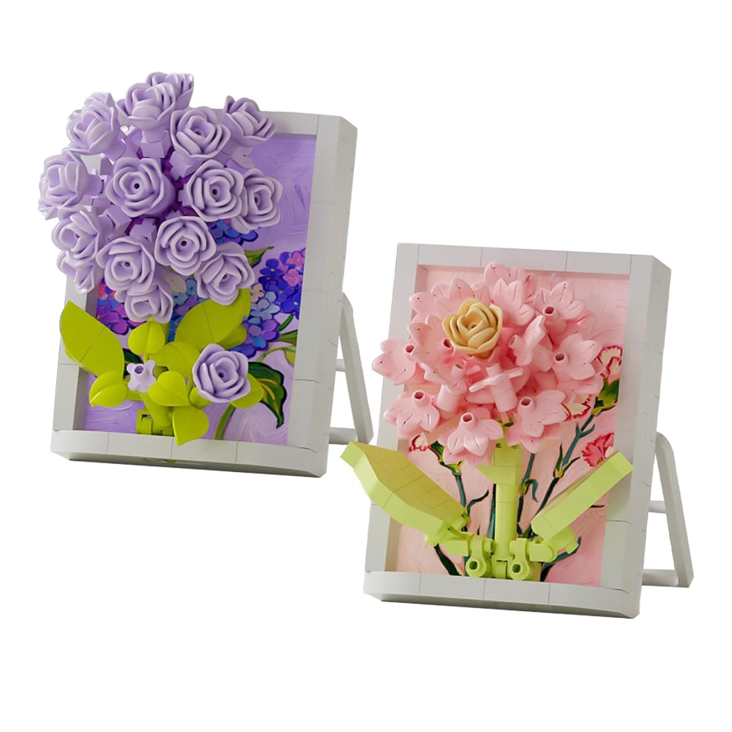 3D Floral Building Block Set, DIY Flower Art Frames with Purple and Pink Roses, Creative Arts and Crafts Kit, Educational Building Toy, 200 Pieces, Ages 6+, 7.6 x 5.25 cm Display Frames