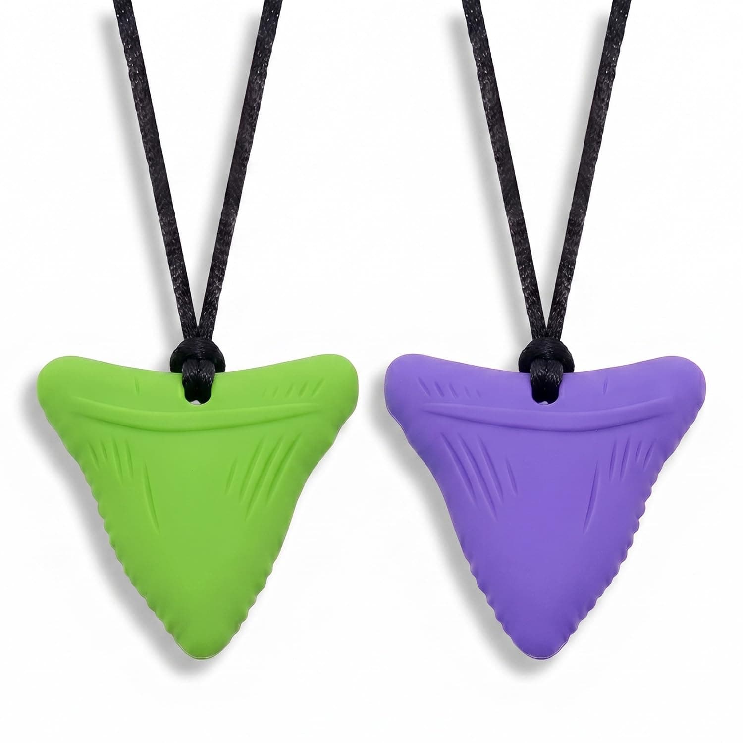 2 Pcs Silicone Teether Necklace for Children and Adults, Sensory Teether for Autism, ADHD and Anxiety, Teething Toy with Adjustable Drawstring, Includes Cloth Bag, Green and Purple