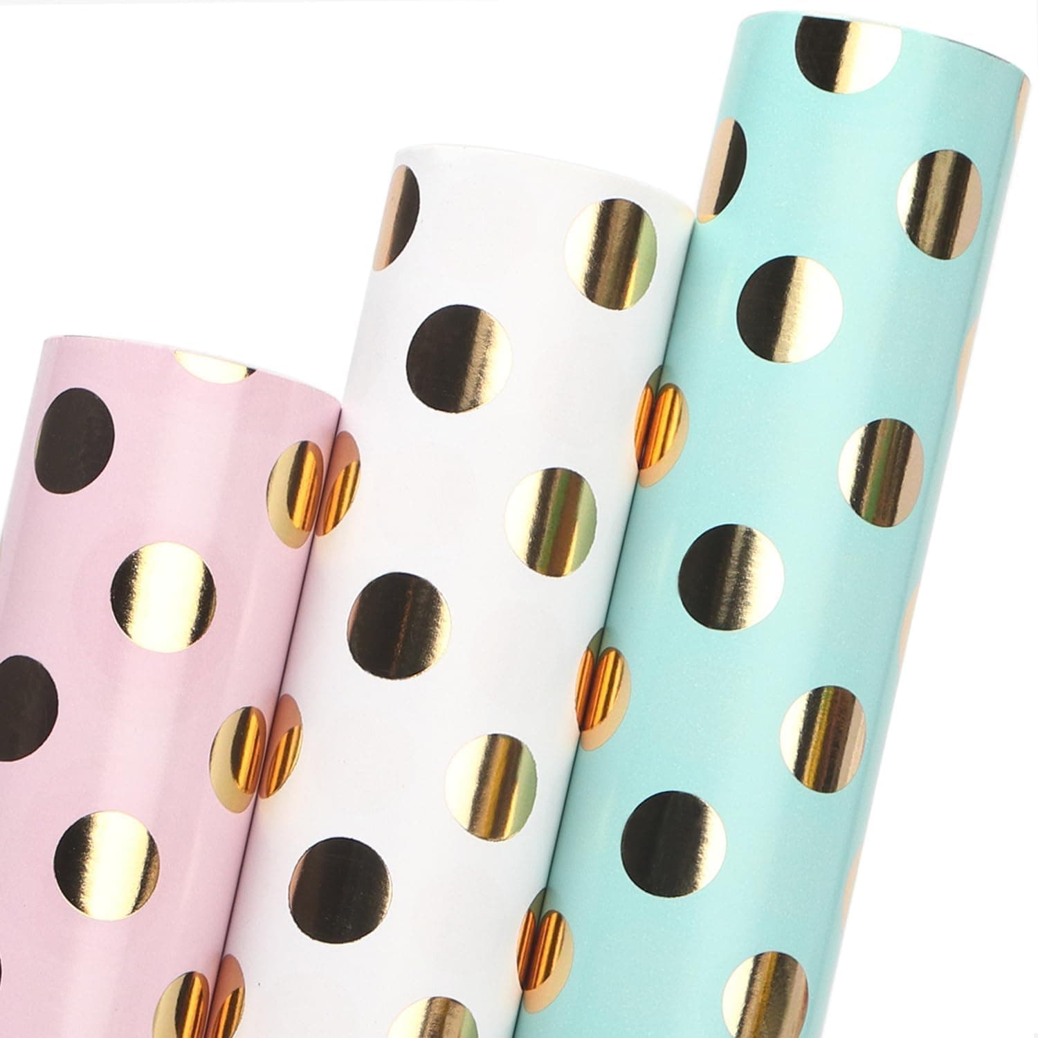ALMEKAQUZ 3 Rolls Birthday Wrapping Paper, Polka Dots Gift Wrap for Baby Shower Roll, Pink White Green Dots Pattern with Gold Foil - 19.7 inch x 27.6 inch Per Roll