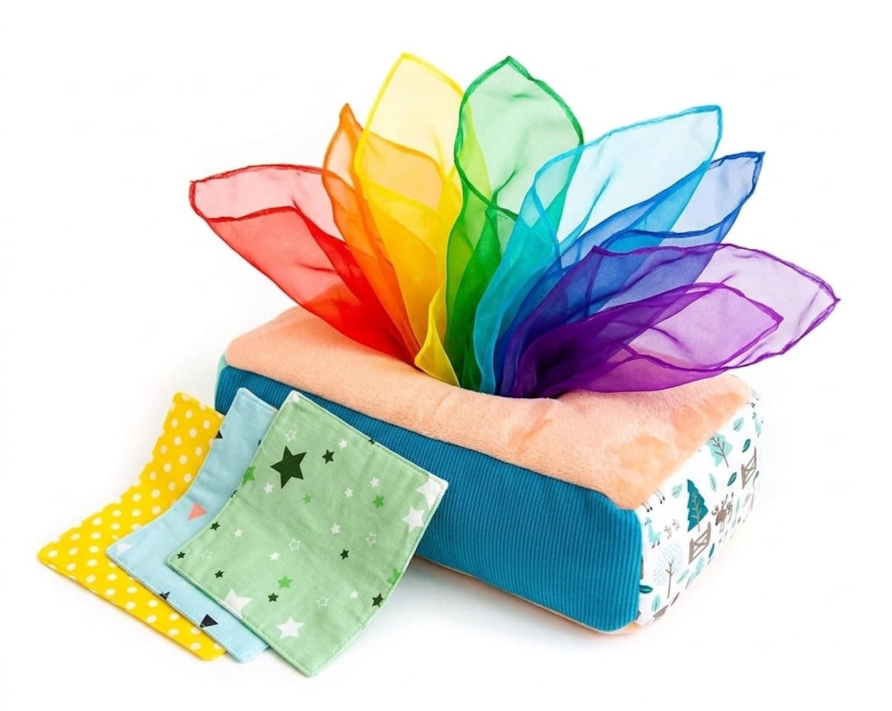 Twiddler Toys Magic Tissue Box Baby Toy – Montessori Play for Infants and Toddlers - Sensory Textured Box with 12pcs Matching Colorful Scarves and 3pcs Crinkle Paper